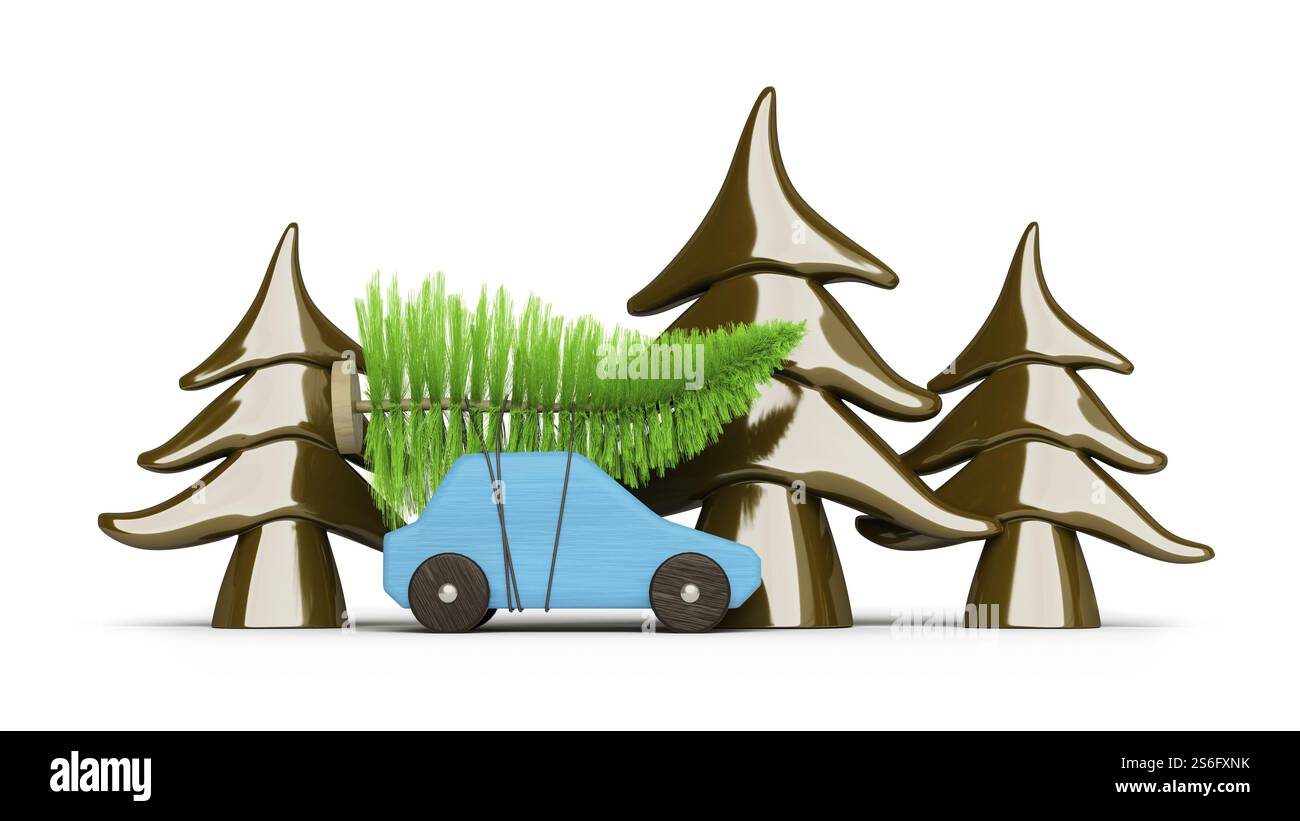 Acheter un arbre de noël avec une illustration 3d de voiture bleue Banque D'Images