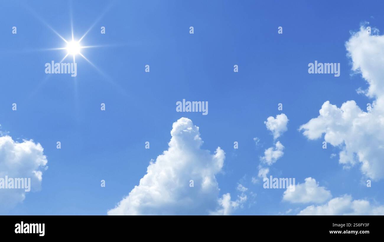 L'image d'un ciel bleu avec un soleil éclatant et les nuages blancs Banque D'Images
