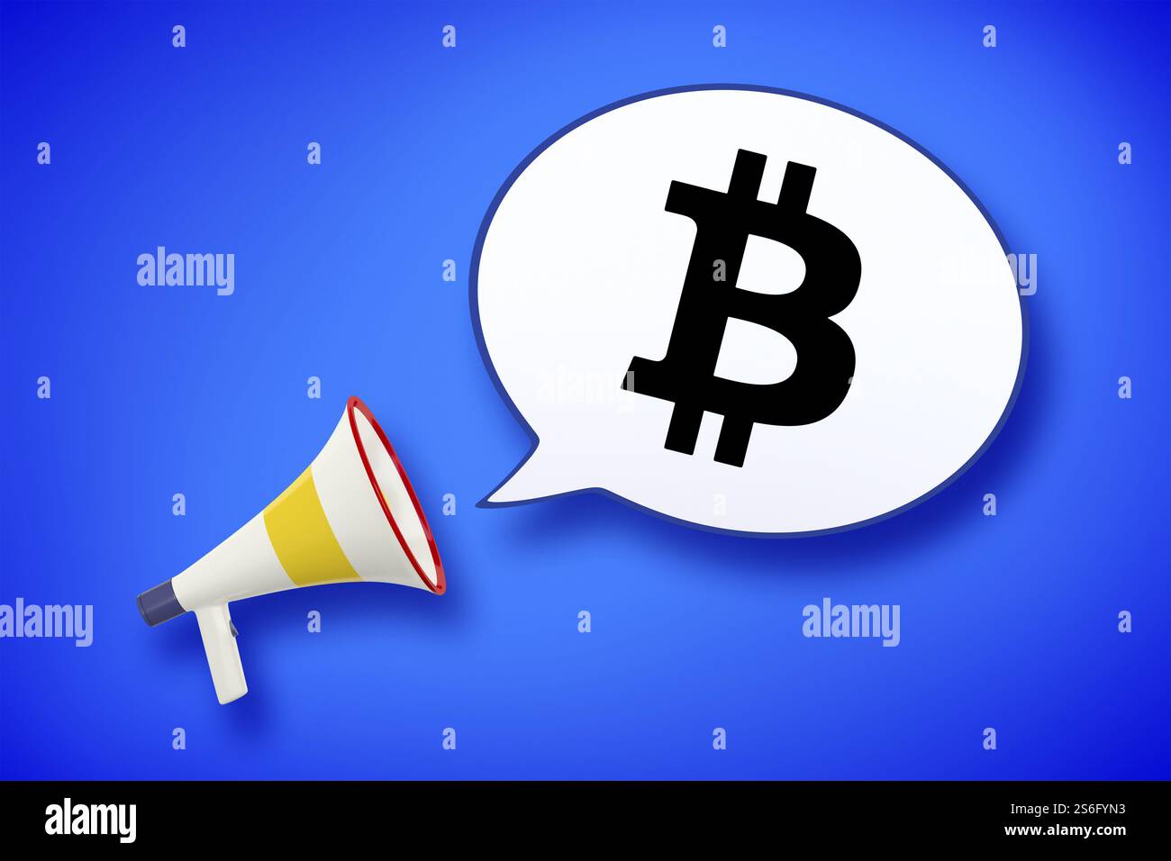 Illustration 3D d'un mégaphone et d'une bulle de parole avec un signe bitcoin Banque D'Images