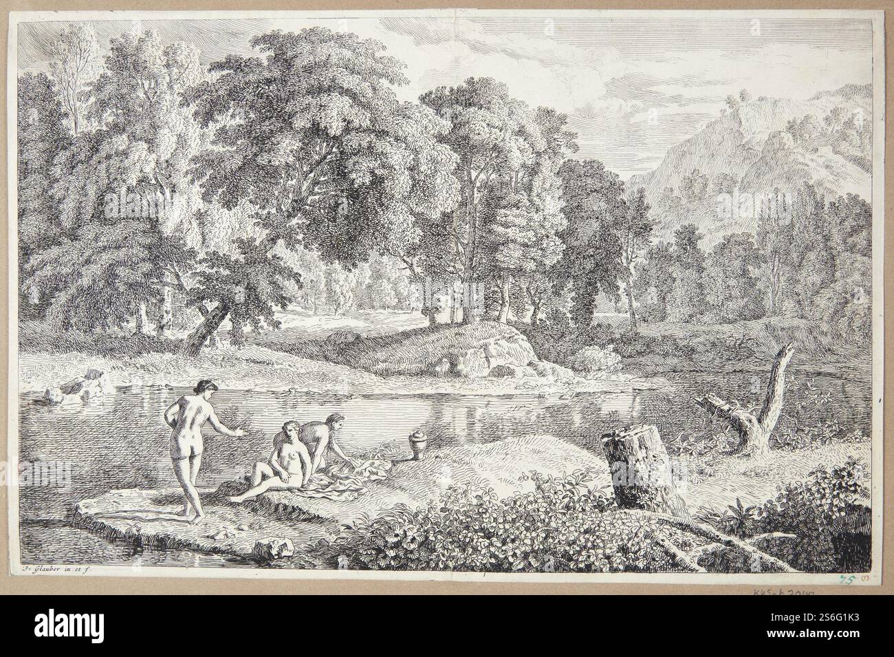 Johannes Glauber, Landskab Med en Bred flod, tre badende kvinder til venstre, Banque D'Images