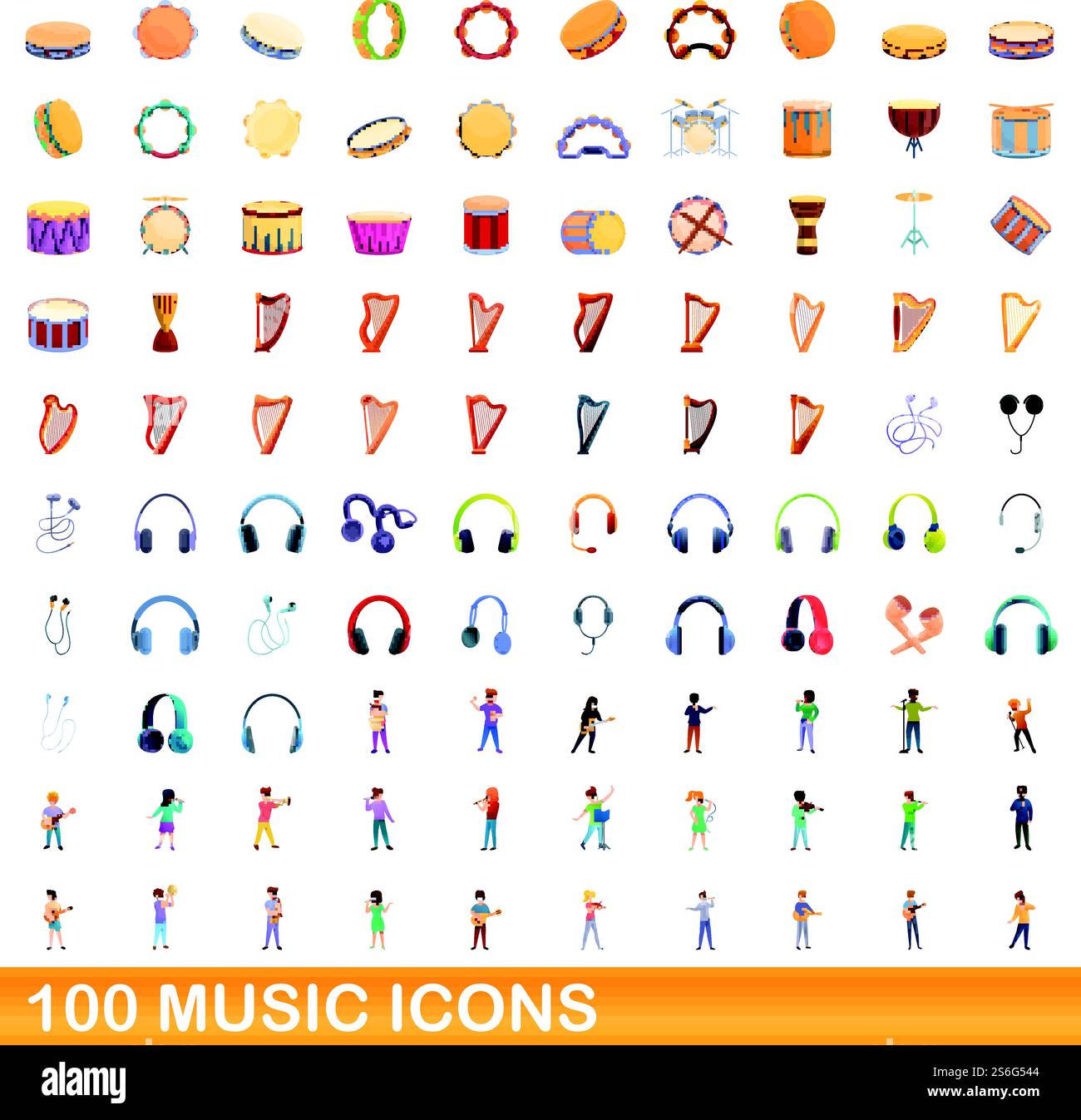 100 icônes de musique définies. Illustration de dessin animé de 100 icônes de musique ensemble de vecteur isolé sur fond blanc. 100 icônes de musique définies, style de dessin animé Illustration de Vecteur