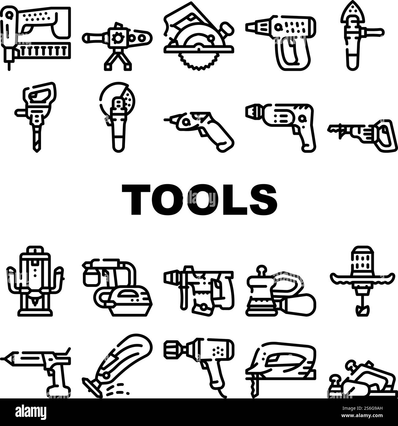 Outils pour Building Collection icônes Set Vector. Scie sauteuse et marteau perforateur, raboteuse électrique et Neiler, pistolet pulvérisateur et clé, flazer et outils mélangeurs noirs contour. Outils pour Building Collection icônes Set Vector Illustration de Vecteur