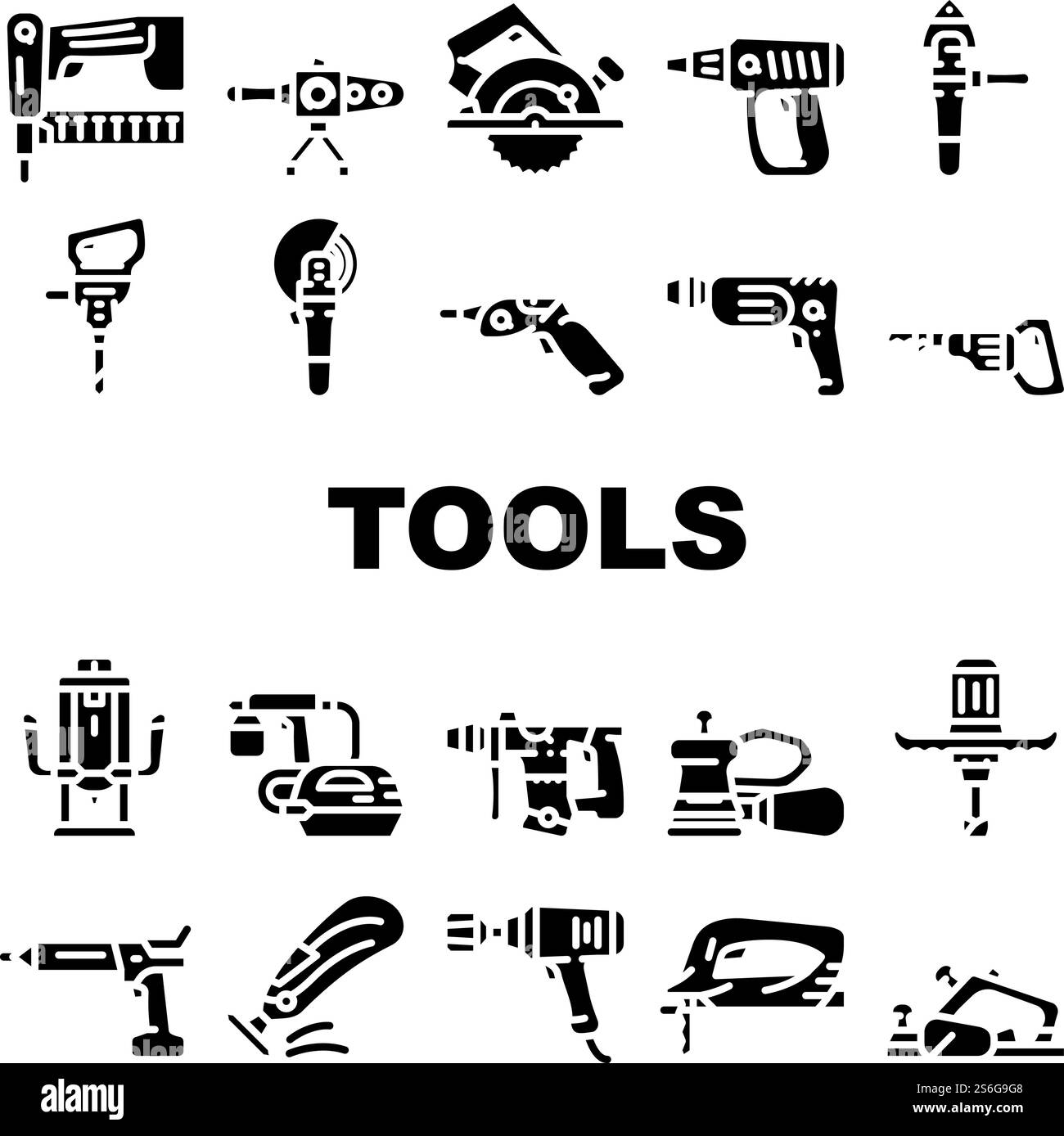 Outils pour Building Collection icônes Set Vector. Scie sauteuse et marteau-piqueur, Neiler et raboteuse électrique, pistolet pulvérisateur et clé, outils Flazer et mélangeur pictogrammes de glyphe illustrations noires. Outils pour Building Collection icônes Set Vector Illustration de Vecteur