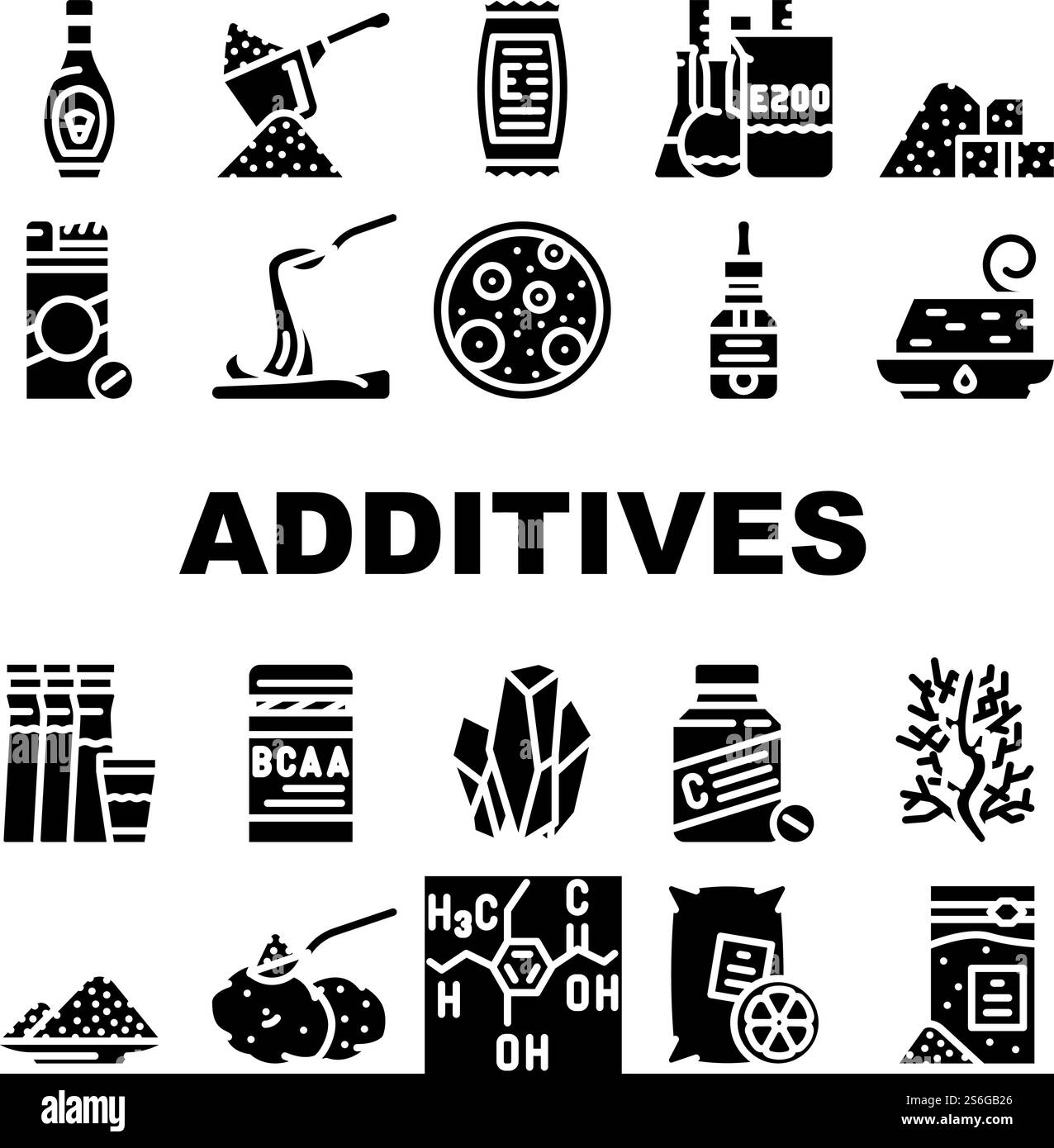 Additif alimentaire Formula Collection Icons Set Vector. Sirop de maïs et substitut de sucre, inventaire chimique et acides aminés additifs alimentaires pictogrammes glyphes illustrations noires. Additif alimentaire Formula Collection Icons Set Vector Illustration de Vecteur