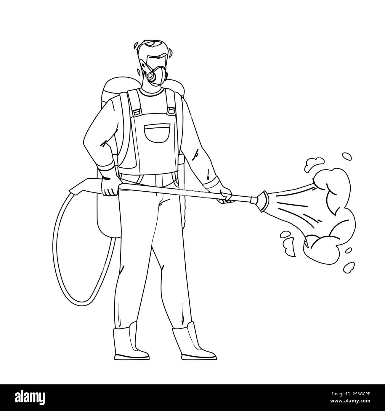 Travailleur de lutte antiparasitaire pulvérisant des pesticides Black Line vecteur de dessin au crayon. Service de lutte antiparasitaire homme de travail vaporiser liquide toxique chimique avec équipement professionnel. Illustration de l'exterminateur d'insectes de caractère. Agent de lutte antiparasitaire pulvérisant des pesticides vecteur Illustration de Vecteur