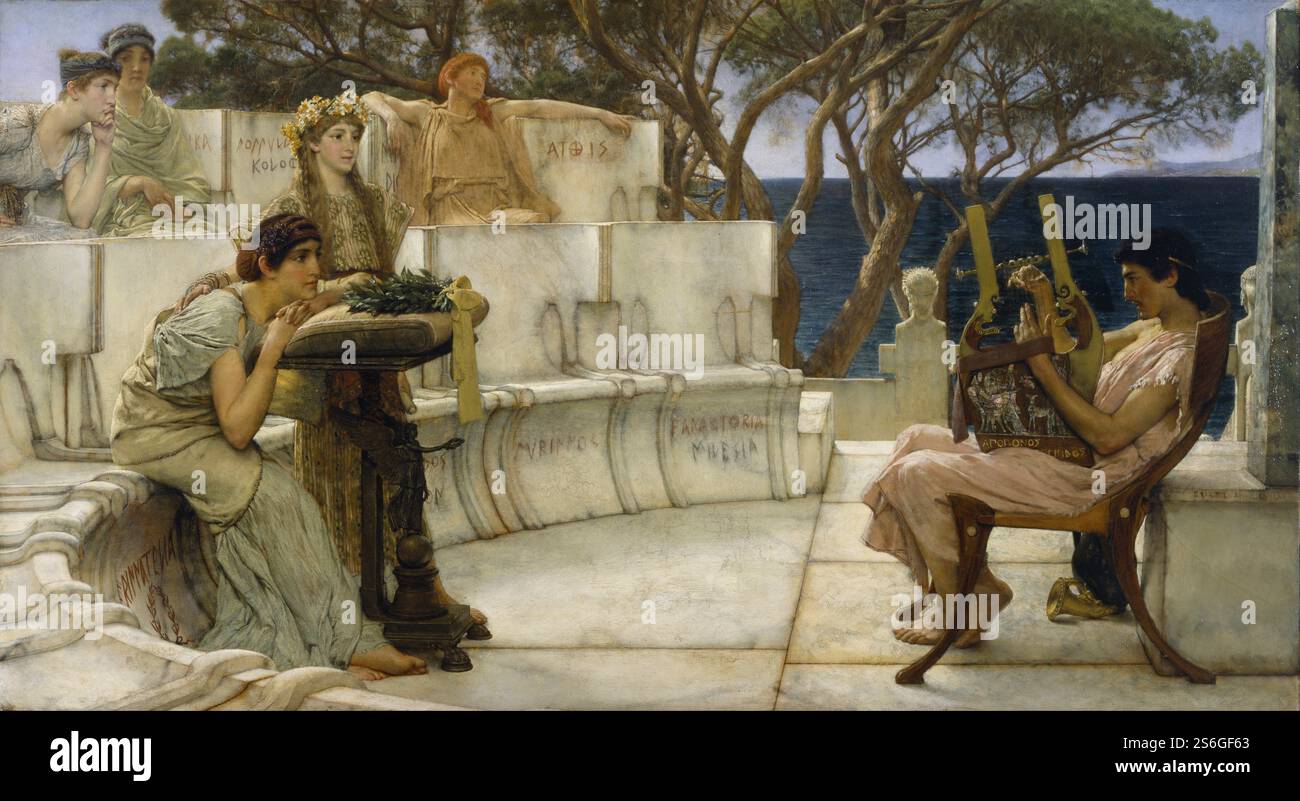 Sappho et Alcaeus, achevé en 1881, représente Sappho et ses compagnons écoutant le poète Alcaeus de Mytilène jouer une kithara, sur l'île de Lesbos (Walters Art Museum).[38] Sir Lawrence Alma-Tadema, Banque D'Images
