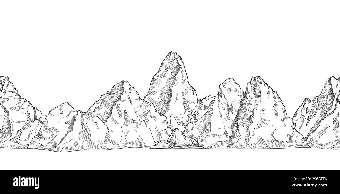 Chaîne de montagnes. Dessin de la nature de contour, croquis au crayon panorama des pics rocheux. Graphiques d'art beau vecteur de paysage fond transparent. Montagne rocheuse et paysage d'aventure, illustration de pic rocheux. Chaîne de montagnes. Dessin de la nature de contour, croquis au crayon panorama des pics rocheux. Graphiques d'art beau vecteur de paysage fond transparent Illustration de Vecteur