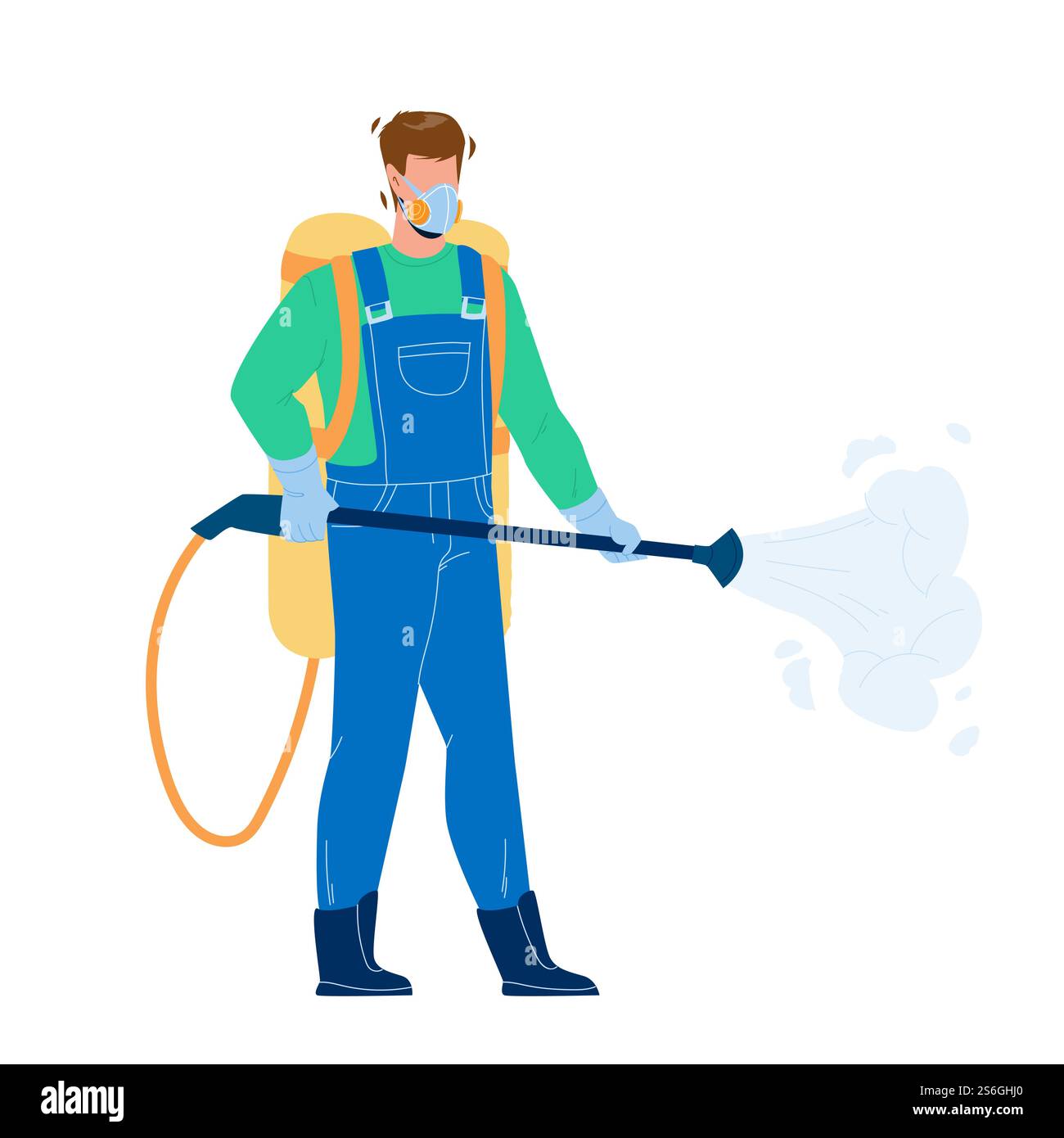 Agent de lutte antiparasitaire pulvérisant des pesticides vecteur. Service de lutte antiparasitaire homme de travail vaporiser liquide toxique chimique avec équipement professionnel. Illustration caricaturale plate d'exterminateur d'insectes de caractère. Agent de lutte antiparasitaire pulvérisant des pesticides vecteur Illustration de Vecteur