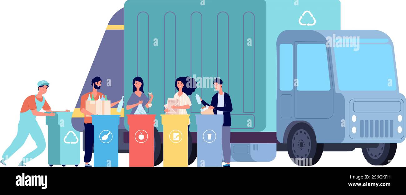 Camion à ordures. Recyclage des ordures, poubelle et poubelles. Les gens trient et jettent les déchets. Concept de benne à ordures de recyclage vectoriel. Illustration recyclage du conteneur, collecte des ordures et des déchets. Camion à ordures. Recyclage des ordures, poubelle et poubelles. Les gens trient et jettent les déchets. Concept de benne à ordures de recyclage vectoriel Illustration de Vecteur