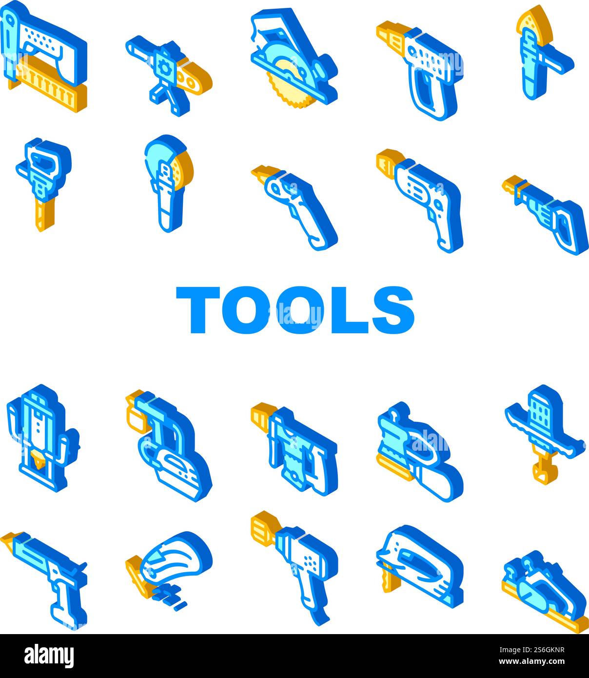 Outils pour Building Collection icônes Set Vector. Scie sauteuse et marteau-piqueur, raboteuse électrique et Neiler, pistolet pulvérisateur et clé, flazer et outils mélangeurs Isomtric Sign Color illustrations. Outils pour Building Collection icônes Set Vector Illustration de Vecteur