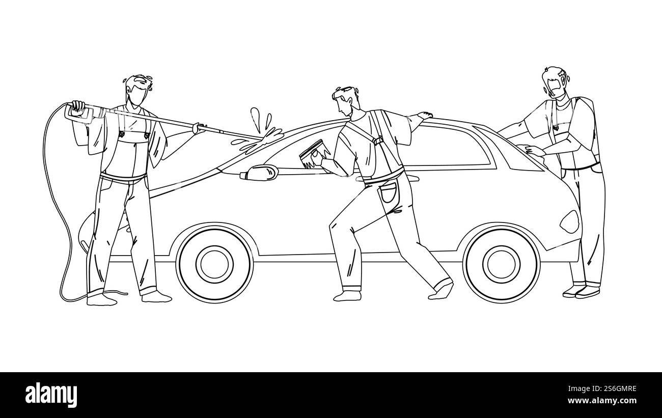 Les travailleurs du service de lavage de voiture lavent le vecteur de dessin de crayon de ligne noire d'automobile. Station de lavage de voiture homme avec équipement pulvérisation d'eau, nettoyage et essuyage des vitres avec chiffon. Personnages Business illustration. Les travailleurs du service de lavage de voiture lavent le vecteur automobile Illustration de Vecteur
