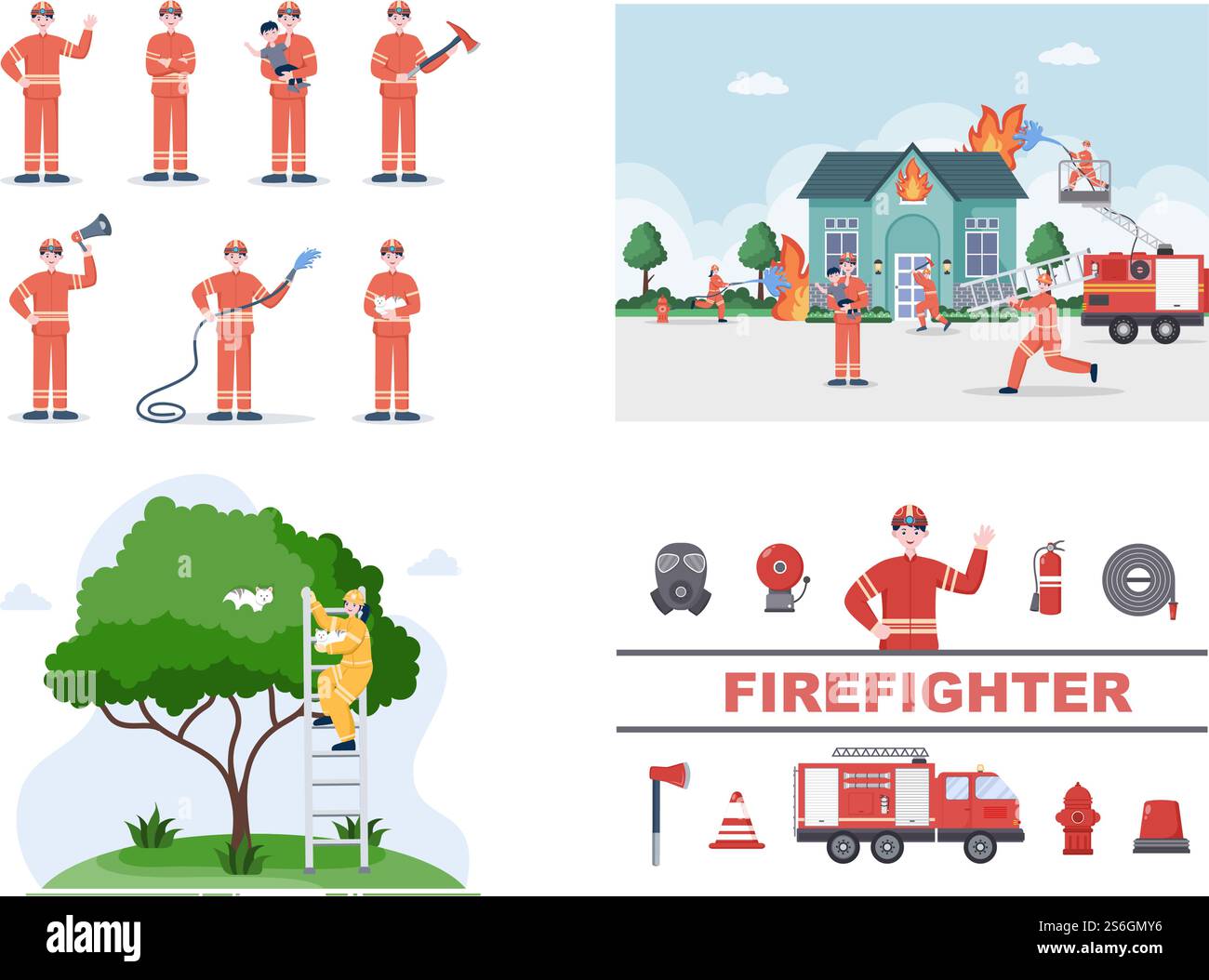 Pompiers avec des moteurs d'incendie de maison, aider les gens et les animaux, utilisant l'équipement de sauvetage dans diverses situations. Illustration vectorielle Illustration de Vecteur