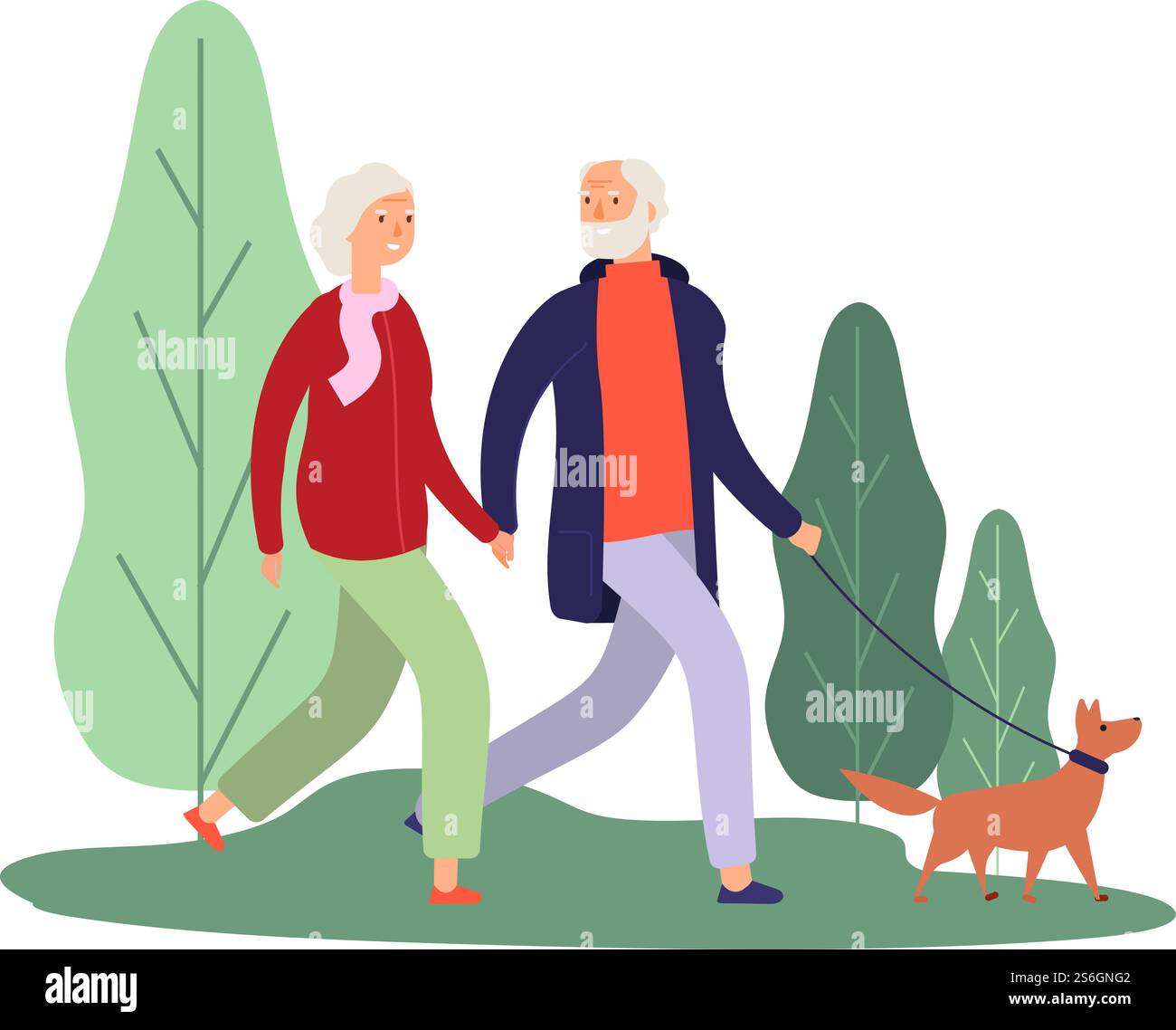 Propriétaires de chiens. Couple âgé marchant avec un chiot. Soins de santé, respirer l'air frais. Les personnes âgées marchent dans le parc ou la forêt illustration vectorielle. Femme et grand-père, les gens marchent, grand-mère avec chien. Propriétaires de chiens. Couple âgé marchant avec un chiot. Soins de santé, respirer l'air frais. Les personnes âgées marchent dans le parc ou la forêt illustration vectorielle Illustration de Vecteur