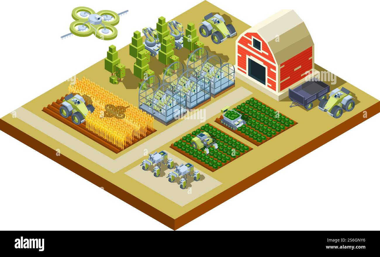 Bâtiments agricoles intelligents. Les grandes machines agricoles domestiques alimentent les tracteurs moissonneuses travaillant le champ de vecteur de contrôle automatique isométrique. Technologie agricole intelligente, illustration du bâtiment et du champ. Bâtiments agricoles intelligents. Les grandes machines agricoles domestiques alimentent les tracteurs moissonneuses travaillant le champ de vecteur de contrôle automatique isométrique Illustration de Vecteur
