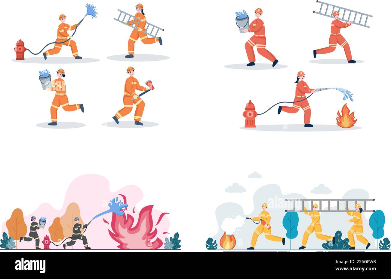 Pompiers avec des moteurs d'incendie de maison, aider les gens et les animaux, utilisant l'équipement de sauvetage dans diverses situations. Illustration vectorielle Illustration de Vecteur