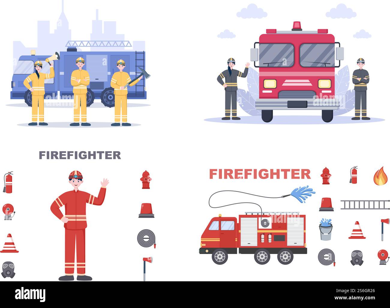 Pompiers avec des moteurs d'incendie de maison, aider les gens et les animaux, utilisant l'équipement de sauvetage dans diverses situations. Illustration vectorielle Illustration de Vecteur