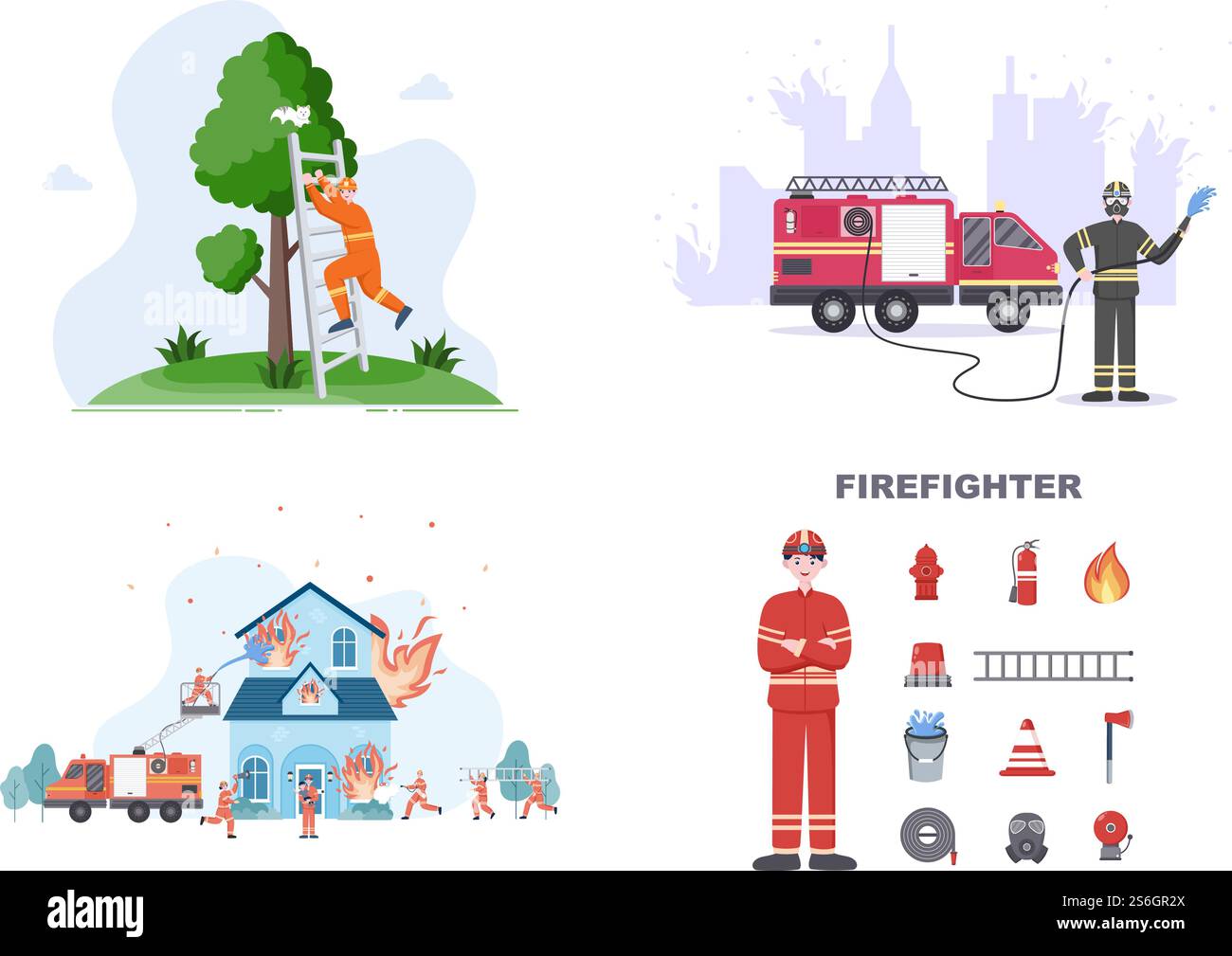 Pompiers avec des moteurs d'incendie de maison, aider les gens et les animaux, utilisant l'équipement de sauvetage dans diverses situations. Illustration vectorielle Illustration de Vecteur
