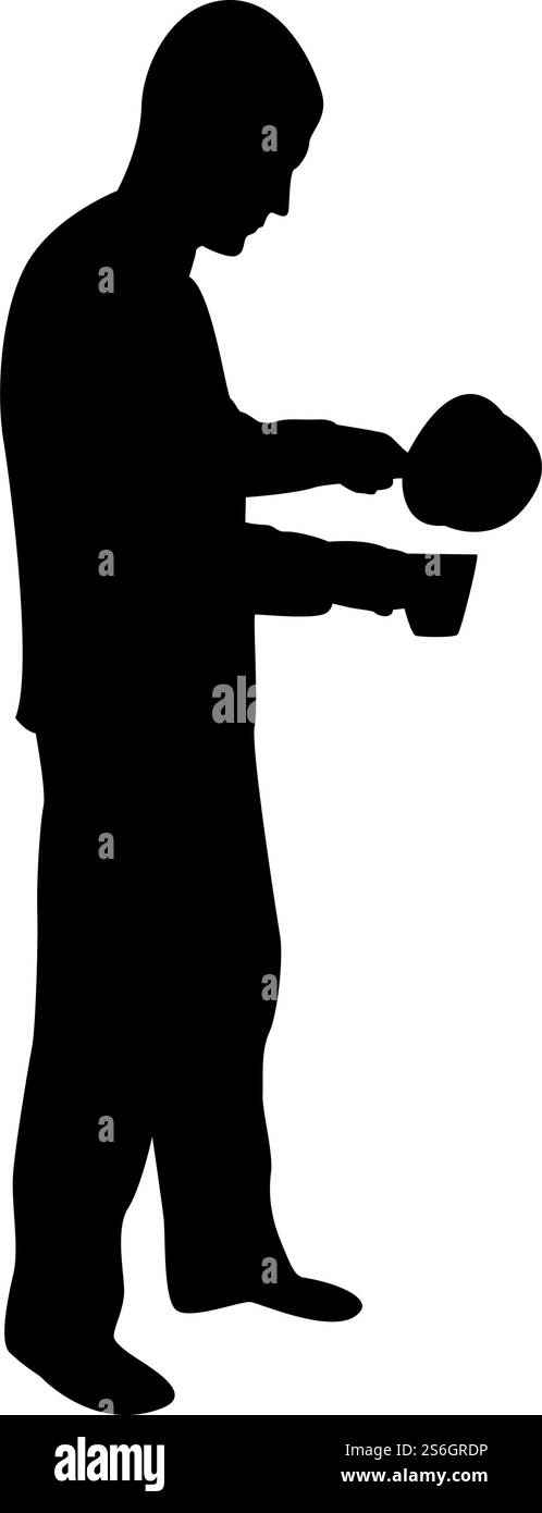 Silhouette homme avec casserole dans ses mains préparant la cuisine masculine de nourriture utilisez l'eau sauciers versée dans la tasse illustration vectorielle de couleur noire illustration de style plat image simple. Silhouette homme avec casserole dans ses mains préparant la cuisine masculine de nourriture utilisez l'eau sauciers versée dans la tasse illustration vectorielle de couleur noire illustration de style plat Illustration de Vecteur