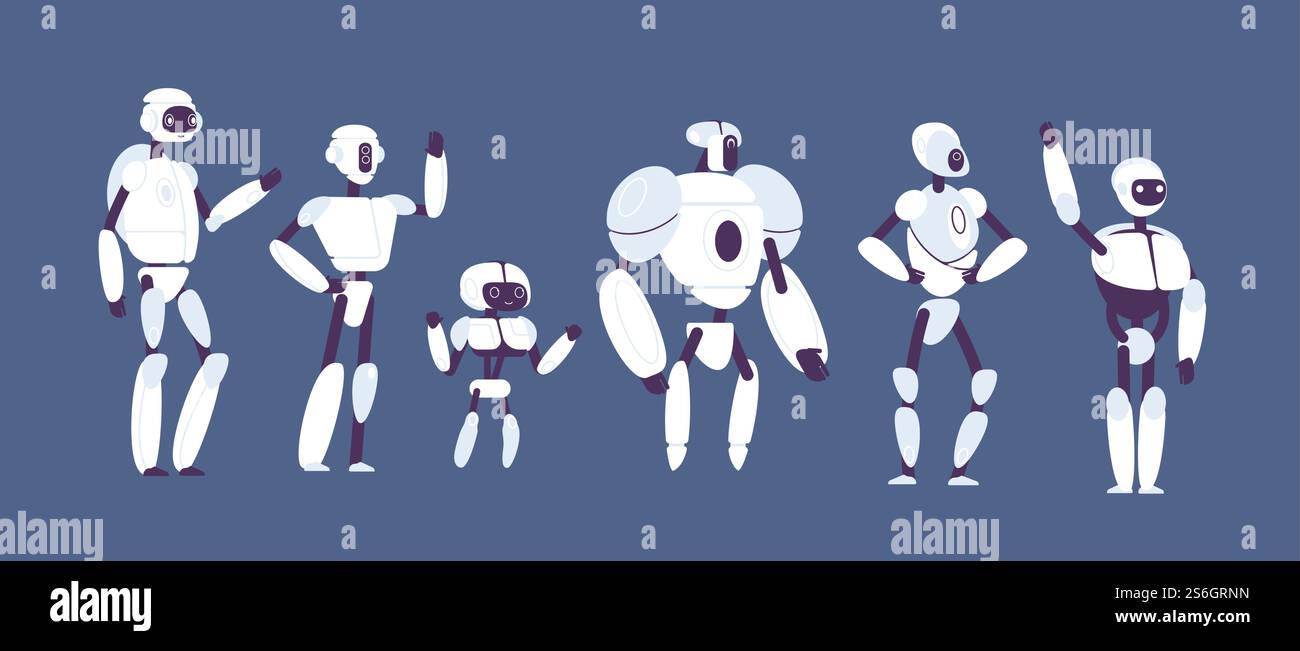 Dessins animés de robots. Quelques modèles androïdes vecteurs de caractères futuristes isolés. Modèle de personnage de robot, humanoïde et illustration android. Dessins animés de robots. Quelques modèles androïdes vecteurs de caractères futuristes isolés Illustration de Vecteur