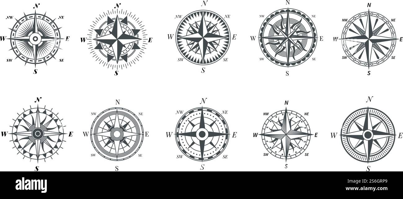 Compas rose vent. Compas marins vintage, panneaux de voyage de navigation nautique, symboles vectoriels de pointeur de flèches rétro. Direction de la boussole, illustration des outils d'exploration de voyage nautique. Compas rose vent. Compas marins vintage, panneaux de voyage de navigation nautique, symboles vectoriels de pointeur de flèches rétro Illustration de Vecteur