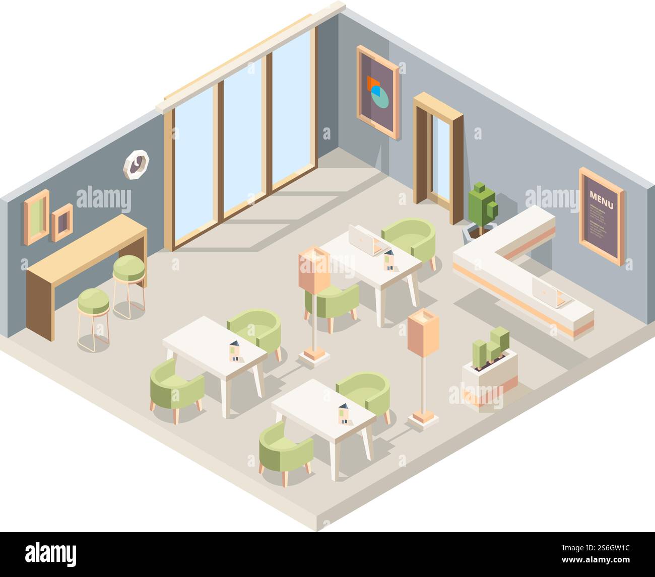 Restaurant isométrique. Cafe murs de vitrine intérieurs modernes 3d meubles vecteur bas poly image. Plan intérieur 3d illustration isométrique du restaurant. Restaurant isométrique. Cafe murs de vitrine intérieurs modernes 3d meubles vecteur bas poly image Illustration de Vecteur