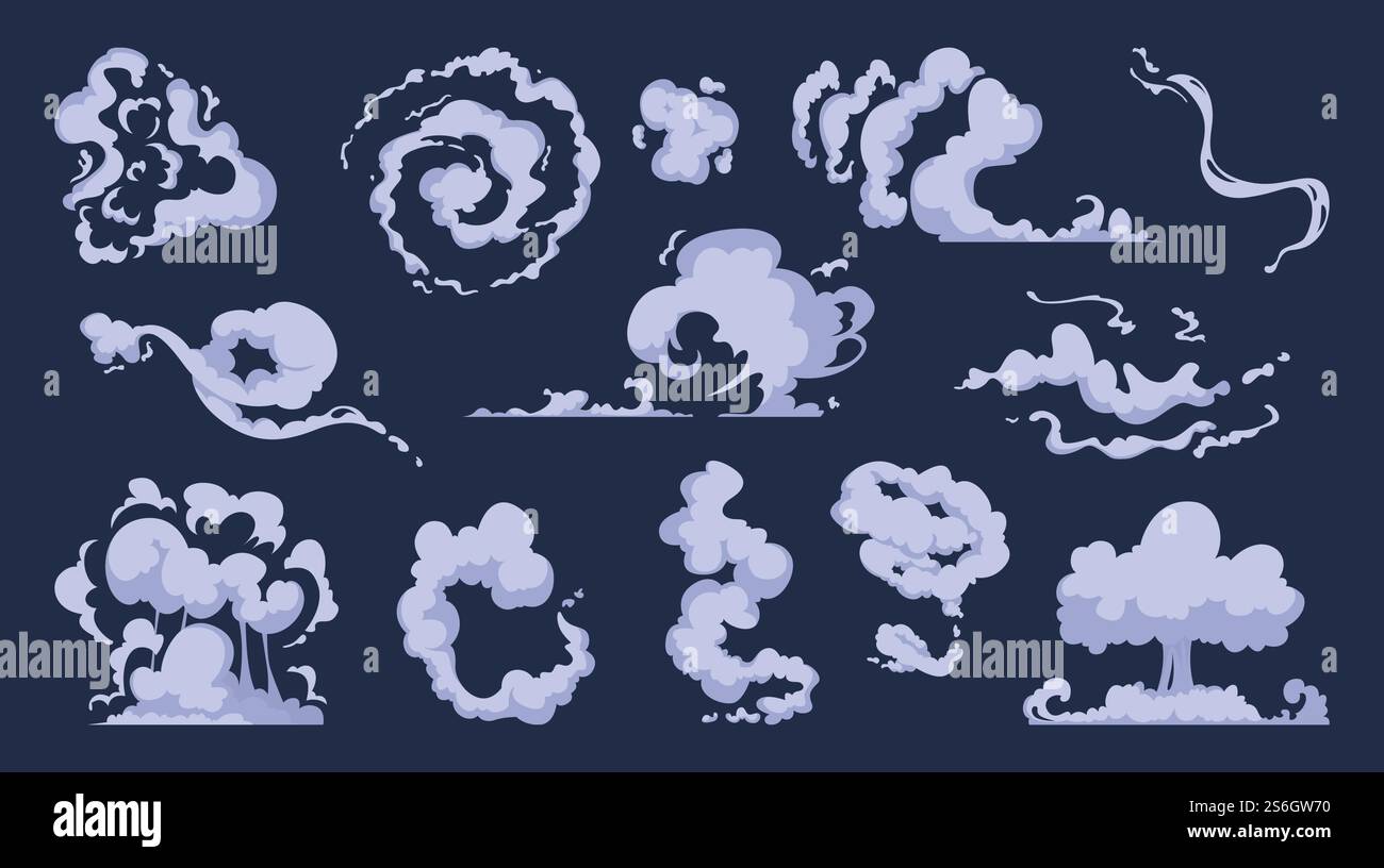 Fumée de dessin animé. VFX comique bang nuages explosion de la collection d'art vectorielle de vecteur de vent de vitesse de tempête de bombe. Illustration fumée comique, mouvement de bulle de dessin animé et brouillard. Fumée de dessin animé. VFX comique bang nuages explosion de la collection d'art vectorielle de vecteur de vent de vitesse de tempête de bombe Illustration de Vecteur