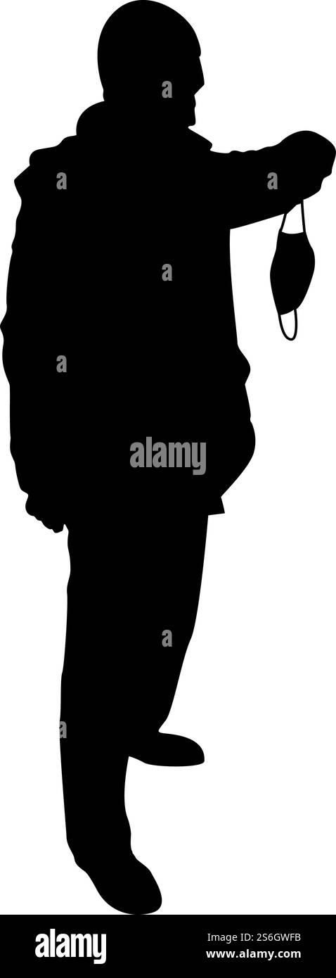 Silhouette homme tenir le masque médical visage dans le bras de main portant l'équipement de protection contre la poussière personnel concept virus coronavirus grippe prévention de l'épidémie de grippe quarantaine protéger de la pollution de l'air noir illustration vectorielle de couleur noire style plat image simple. Silhouette homme tenir le masque médical visage dans le bras de main portant l'équipement de protection contre la poussière personnel concept virus coronavirus grippe prévention de l'épidémie de grippe quarantaine protéger de la pollution de l'air noir illustration vectorielle couleur noire image de style plat Illustration de Vecteur
