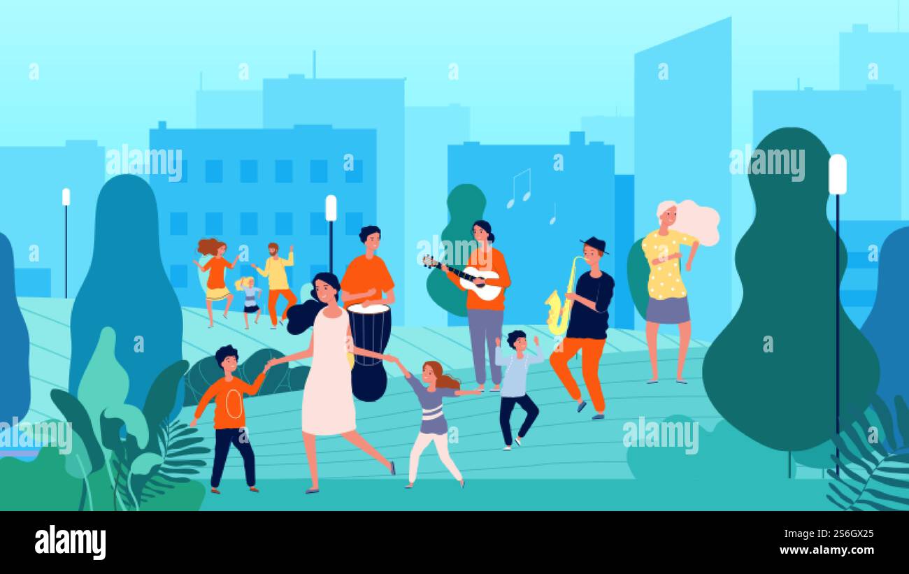 Musiciens de rue. Fête musicale, danse familiale. Parents et enfants s'amusant avec l'illustration vectorielle musicale. Musique de rue, concert d'instruments sur l'air. Musiciens de rue. Fête musicale, danse familiale. Parents et enfants s'amusant avec l'illustration vectorielle musicale Illustration de Vecteur
