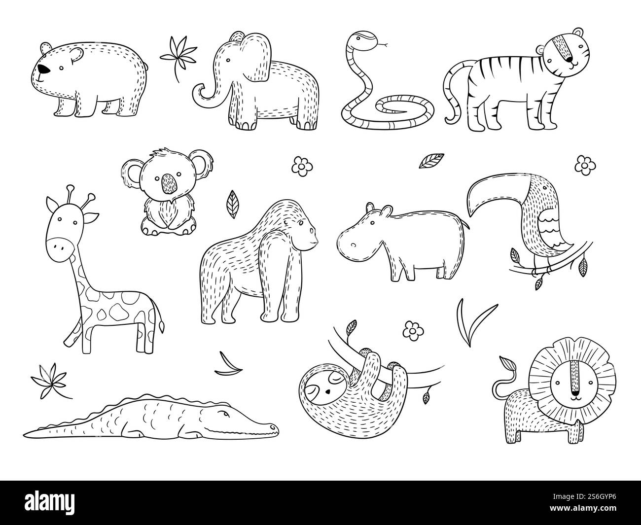 Animaux de la jungle. Safari africain faune singe hippopotame tigre lignes vectorielles dessins. Safari tigre sauvage, illustration de crocodile exotique africain. Animaux de la jungle. Safari africain faune singe hippopotame tigre lignes vectorielles dessins Illustration de Vecteur