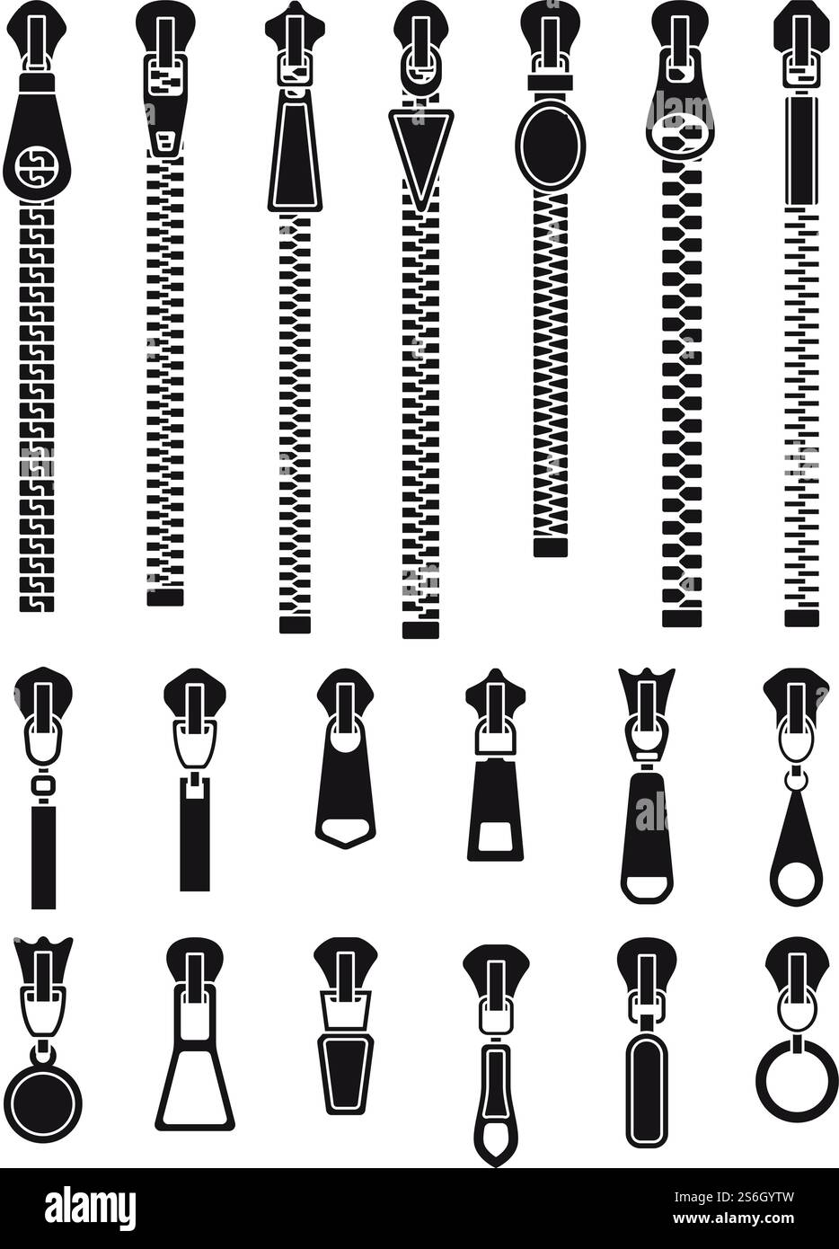 Silhouettes de fermeture éclair. Fermeture éclair textile, fermetures de vêtements isolées. Boucle de traction de mode, ensemble vectoriel de pantalons de tailleur. Vêtements de fermeture à glissière, fermeture à glissière, illustration de fermeture à glissière de silhouette de connexion. Silhouettes de fermeture éclair. Fermeture éclair textile, fermetures de vêtements isolées. Boucle de traction noire de mode, ensemble vectoriel d'accessoires de pantalon de confection Illustration de Vecteur