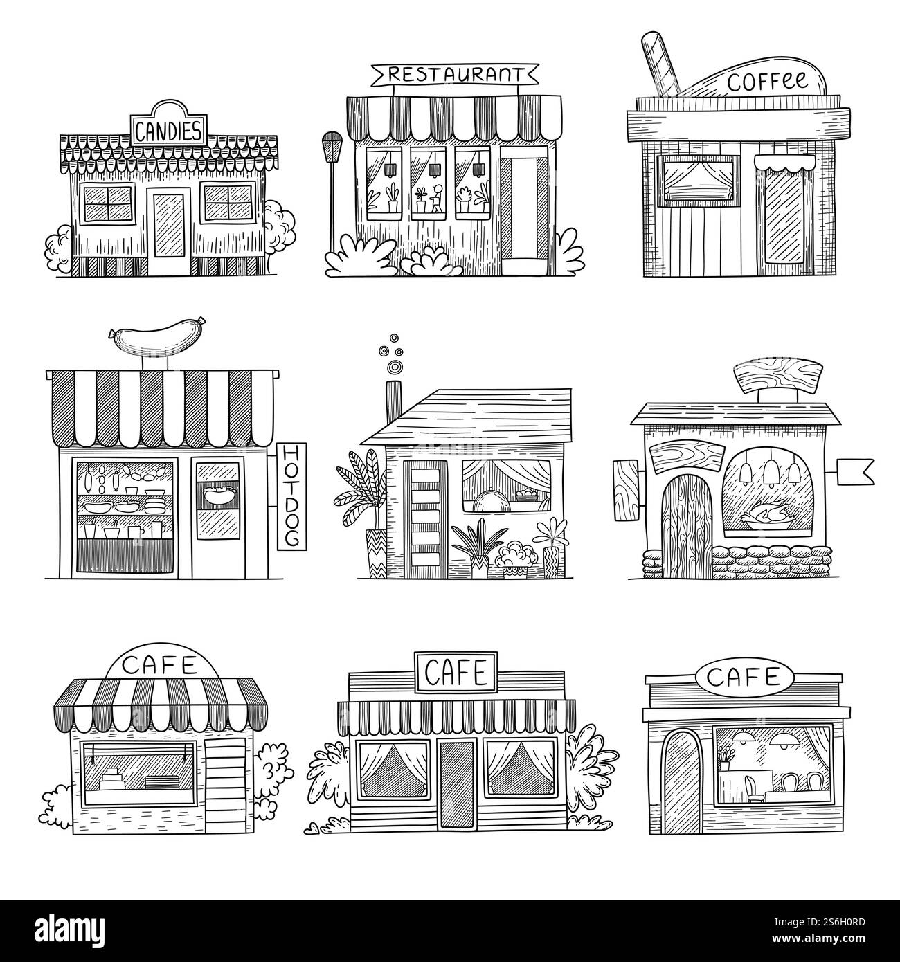 Bâtiments de café. Restaurants de magasin dessinés à la main petits bâtiments vectoriels ensemble. Architecture de bâtiment d'illustration, devanture de magasin d'esquisse, façade et vitrine. Bâtiments de café. Restaurants de magasin dessinés à la main petits bâtiments vectoriels ensemble Illustration de Vecteur