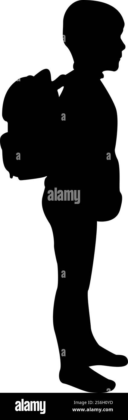 Silhouette écolier avec sac à dos élève stand portant sur retour aller à l'école concept revenir à l'école idée éducation préscolaire sac à dos premier septembre commencer leçons sac à dos vue latérale noir couleur illustration vectorielle style plat image simple. Silhouette écolier avec sac à dos élève stand portant sur retour aller à l'école concept revenir à l'école idée éducation préscolaire sac à dos premier septembre commencer leçons sac à dos vue latérale noir couleur illustration vectorielle plat style image Illustration de Vecteur