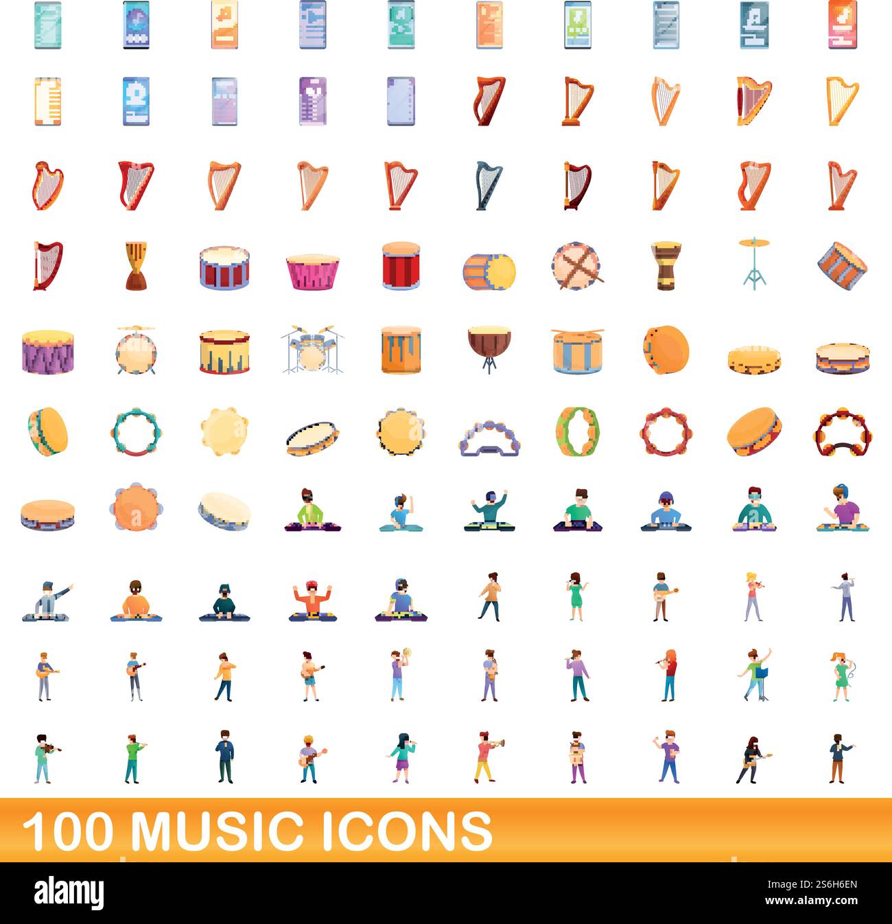 100 icônes de musique définies. Illustration de dessin animé de 100 icônes de musique ensemble de vecteur isolé sur fond blanc. 100 icônes de musique définies, style de dessin animé Illustration de Vecteur