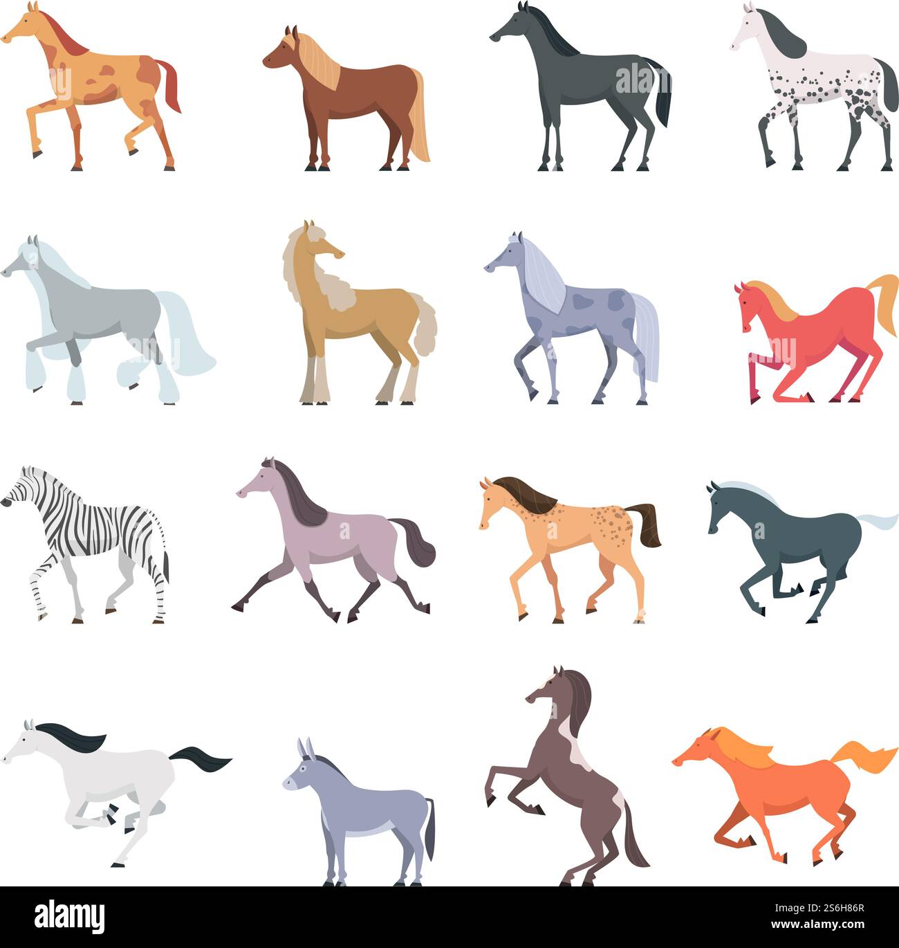 Races de chevaux. Forts beaux animaux domestiques en action pose le saut et la marche ensemble vecteur poney. Illustration cheval animal, mammifère fort de race pure. Races de chevaux. Forts beaux animaux domestiques en action pose le saut et la marche ensemble vecteur poney Illustration de Vecteur