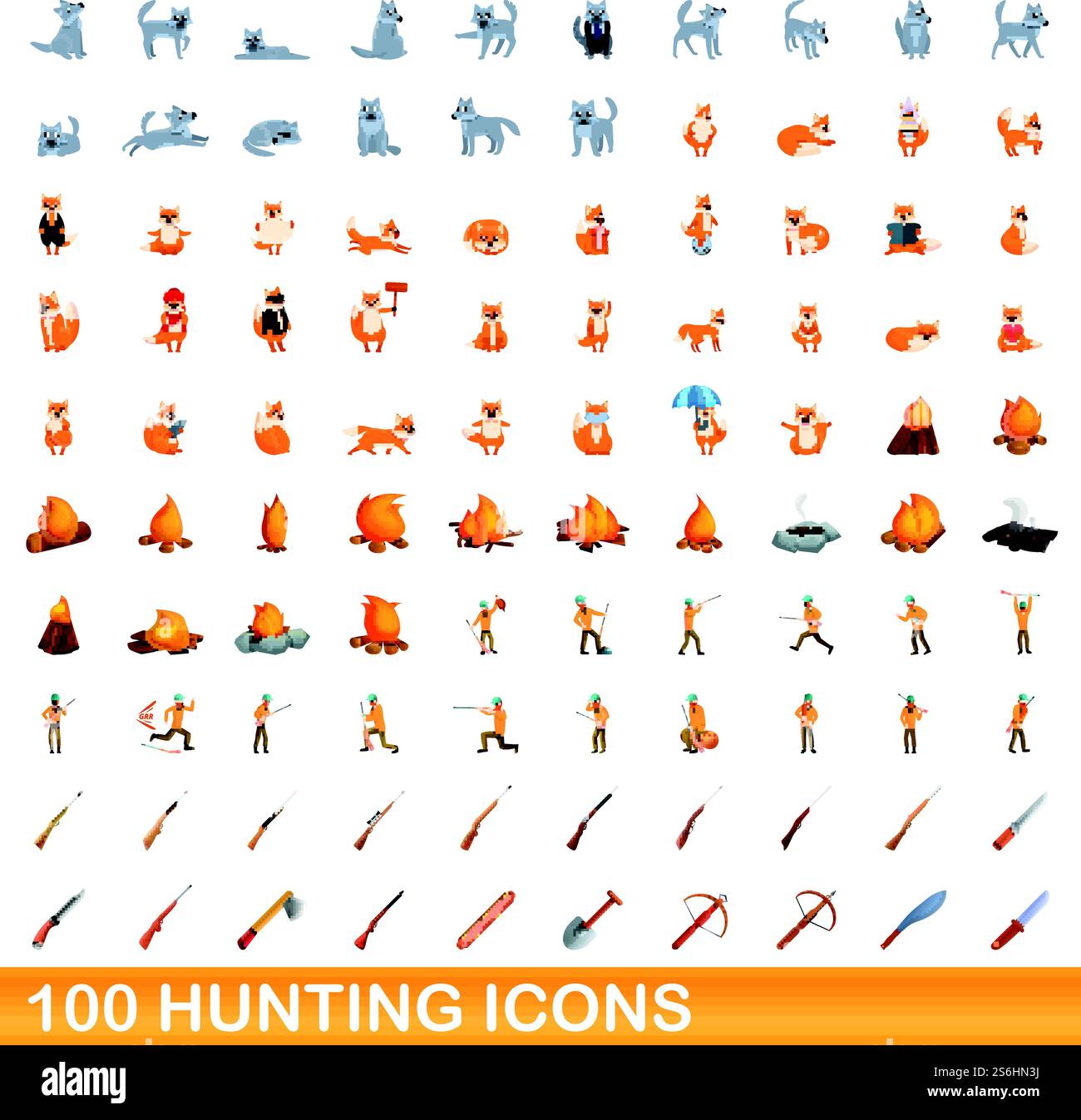 100 icônes de chasse définies. Illustration de dessin animé de 100 icônes de chasse ensemble de vecteur isolé sur fond blanc. 100 icônes de chasse définies, style de dessin animé Illustration de Vecteur