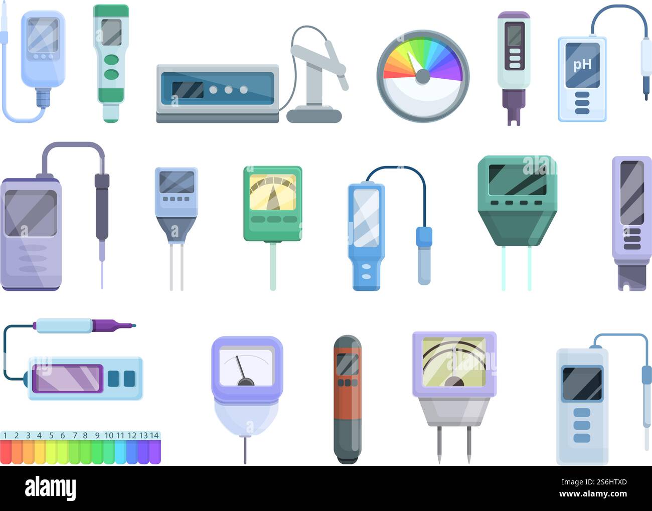 Jeu d'icônes pH-mètre. Ensemble de dessins animés d'icônes vectorielles de compteur de ph pour la conception de Web. Jeu d'icônes de pH mètre, style de bande dessinée Illustration de Vecteur