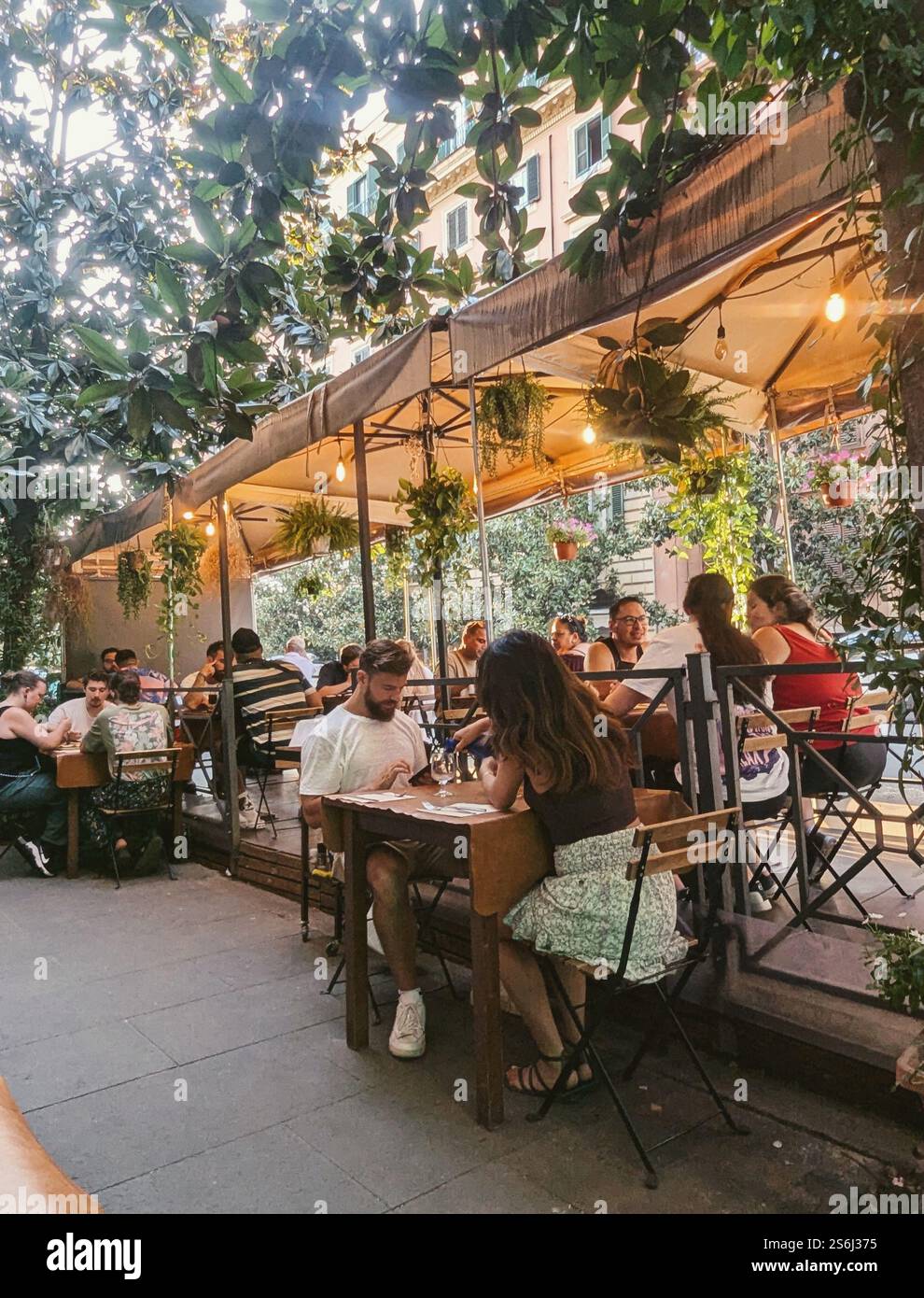 Une soirée charmante au Sapori e Delizie, où la végétation luxuriante, les conversations chaleureuses et animées créent l'ambiance parfaite pour une expérience culinaire confortable. - Image de stock capturée avec un smartphone