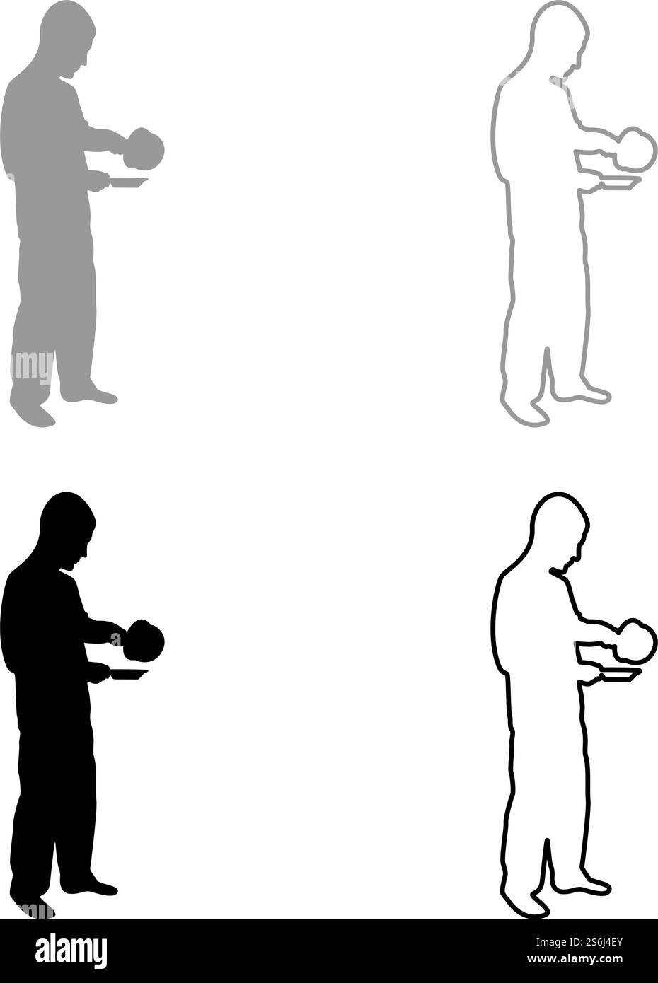Homme avec une casserole dans ses mains préparation de la nourriture masculine cuisson utilisation sauciers eau versée dans la plaque silhouette gris noir illustration vectorielle de couleur noir solide style image simple. Homme avec casserole dans ses mains préparant la nourriture la cuisine masculine utilise sauciers eau versée dans la plaque silhouette gris noir illustration vectorielle de couleur noire illustration solide image de style de contour Illustration de Vecteur