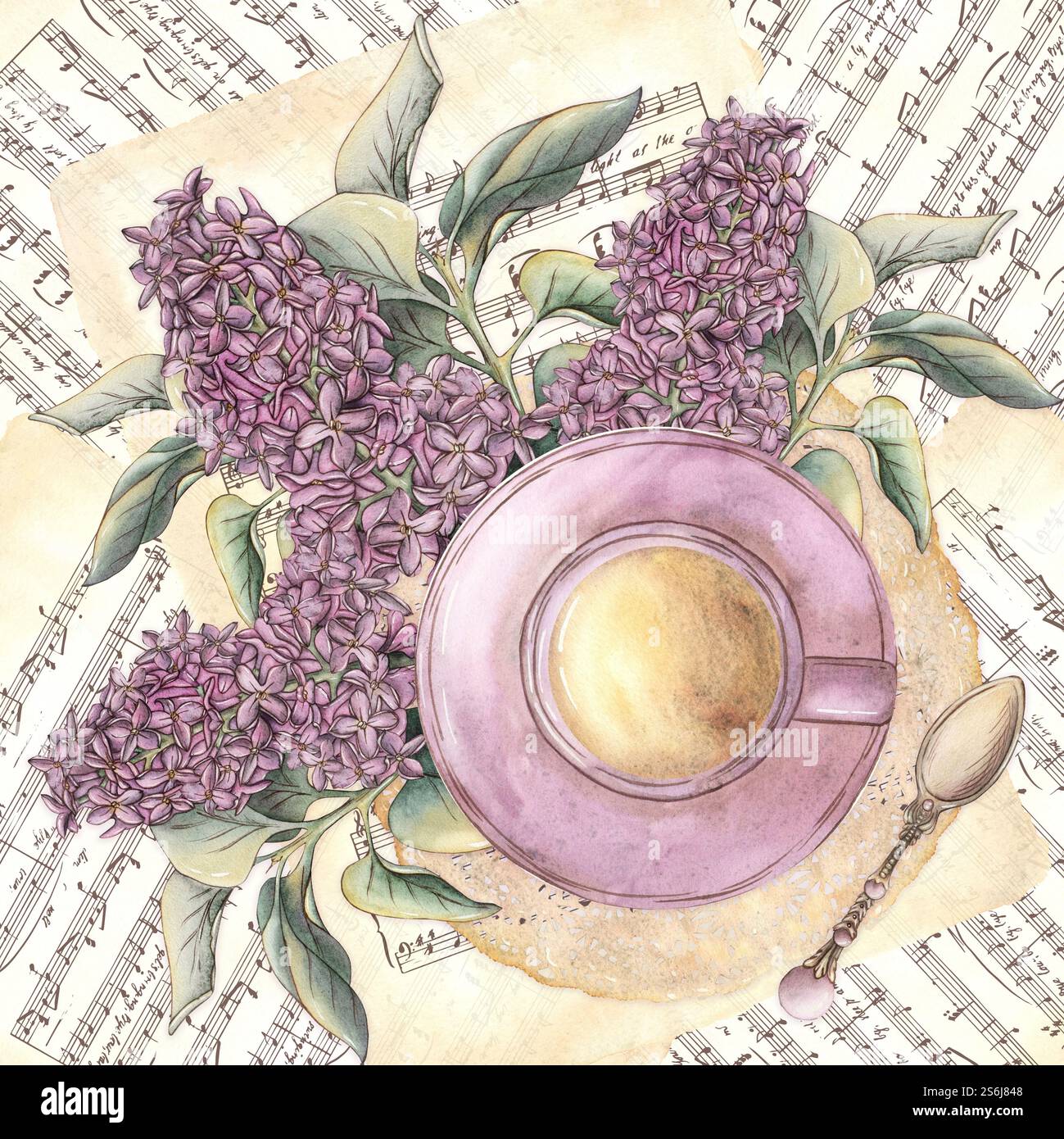 Une composition avec des fleurs de lilas, une cuillère à café vintage avec un noeud en ruban de satin, du thé et une tasse sur une serviette en dentelle. Illustration aquarelle isolée sur Banque D'Images