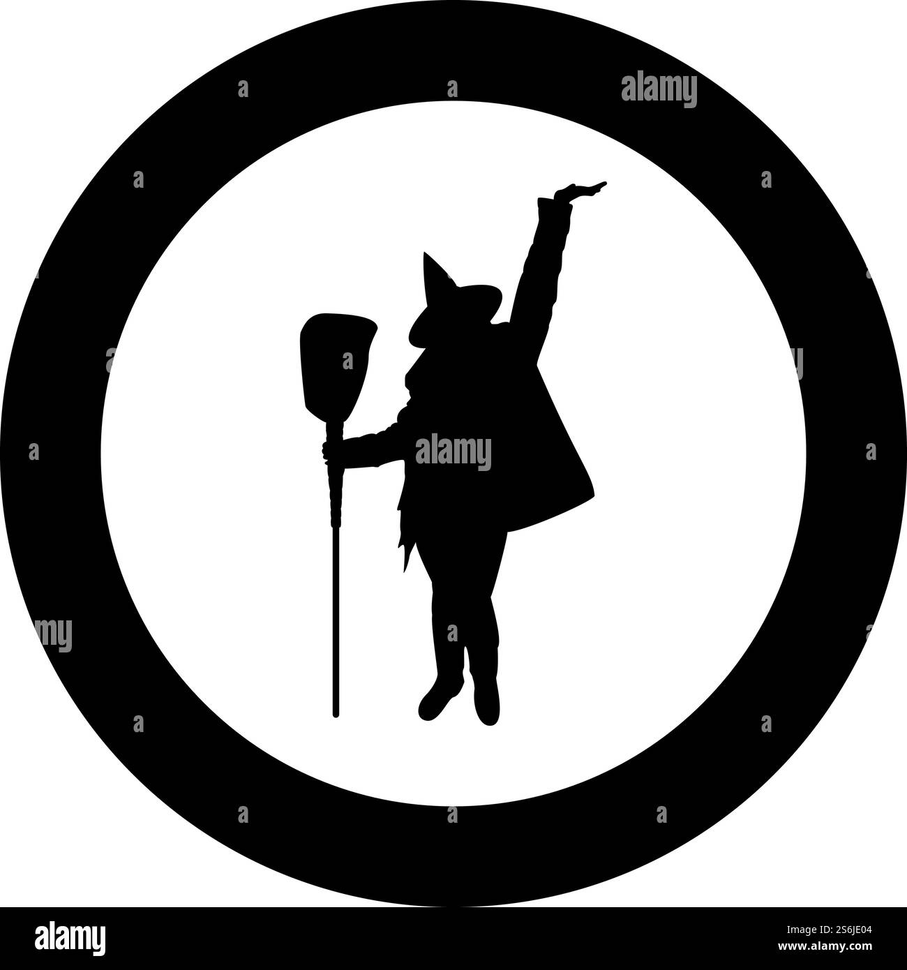Sorcière de fée tenant le sujet de balai pour Halloween concept silhouette en cercle rond noir illustration vectorielle de couleur noire style de contour solide image simple. Sorcière magicien de fée debout avec le sujet de balai pour la silhouette de concept d'Halloween en cercle rond illustration vectorielle noire de couleur image de style plein contour Illustration de Vecteur