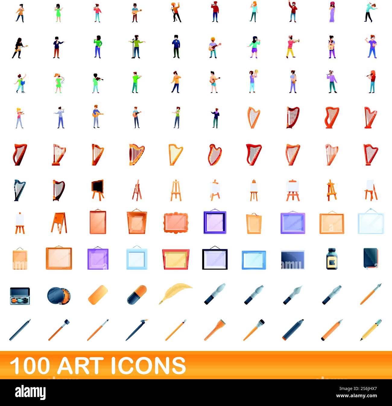 ensemble de 100 icônes artistiques. Illustration de dessin animé de 100 icônes d'art ensemble de vecteur isolé sur fond blanc. ensemble de 100 icônes d'art, style de dessin animé Illustration de Vecteur
