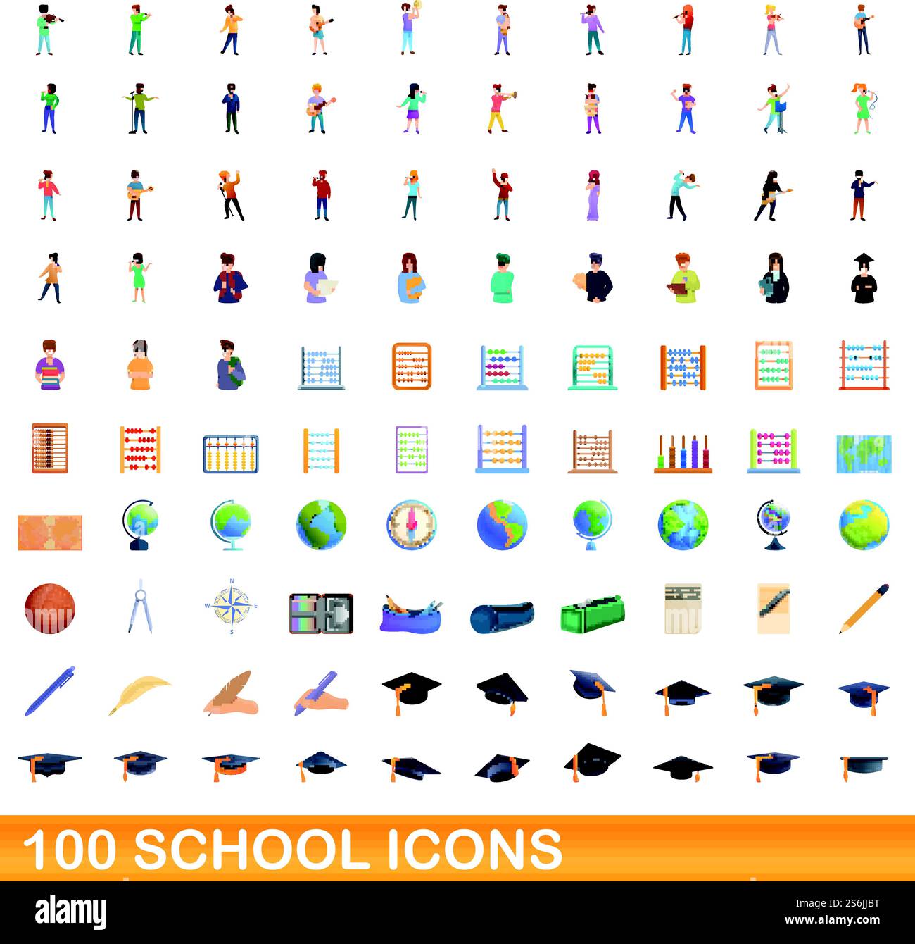 ensemble de 100 icônes scolaires. Illustration de dessin animé de 100 icônes scolaires ensemble de vecteur isolé sur fond blanc. 100 icônes d'école définies, style de dessin animé Illustration de Vecteur