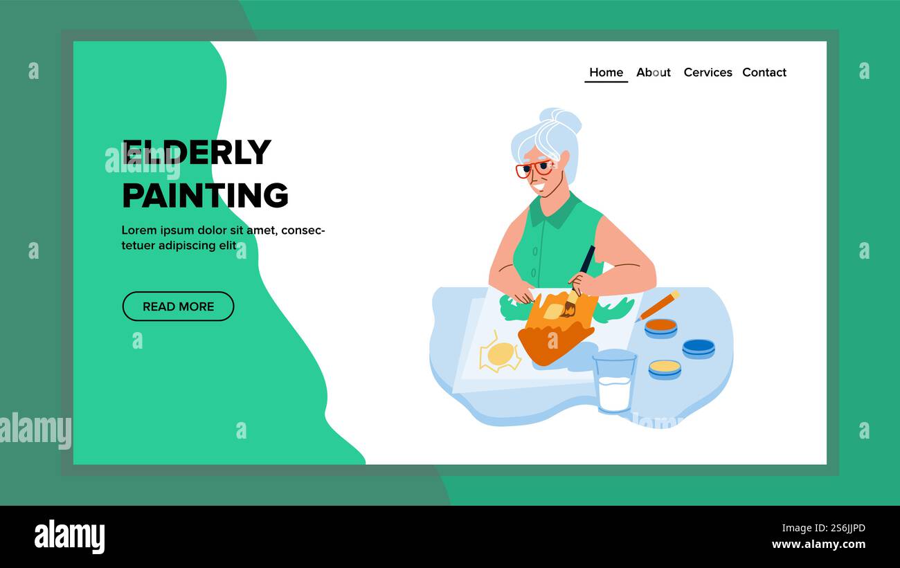 Femme âgée peignant vecteur d'image créatif. Senior Lady Painting image dans Art Studio avec peinture et pinceau. Dessin de personnage et profiter sur l'illustration de dessin animé Web Flat retiré. Femme âgée peignant vecteur d'image créatif Illustration de Vecteur