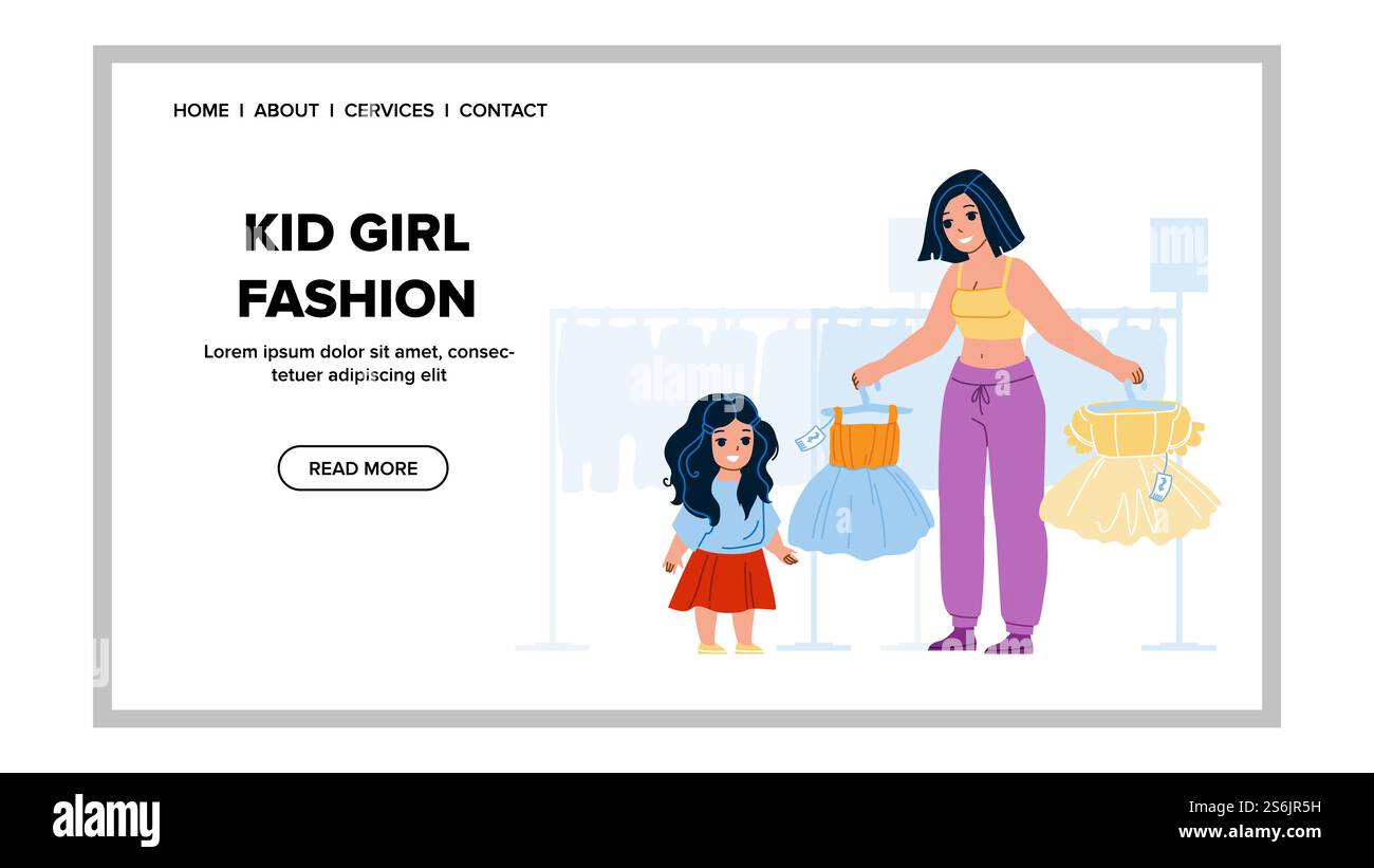 Fille d'enfant choisissant la robe de mode dans le vecteur de magasin. Kid Girl choisissez des vêtements à la mode dans le magasin de vêtements, femme vendeur montrant costume à la mode. Personnages Shopping Web Flat illustration de dessin animé. Fille d'enfant choisissant la robe de mode dans le vecteur de magasin Illustration de Vecteur