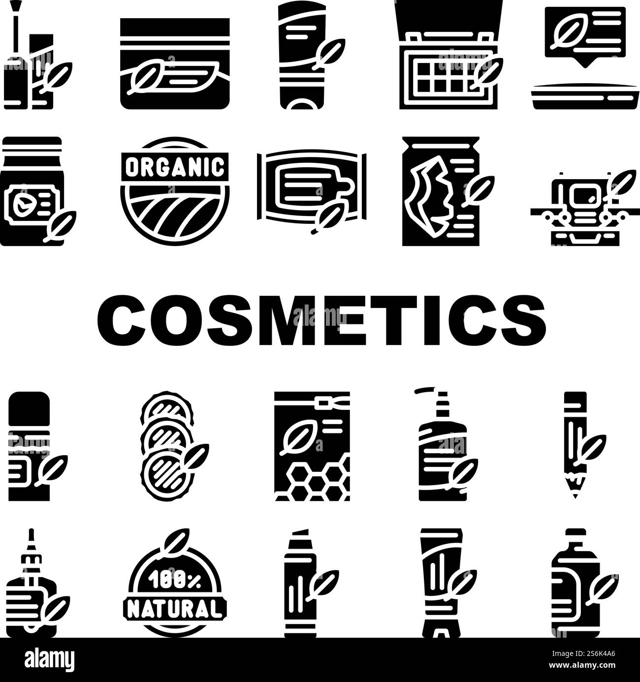 Organic Cosmetics Collection Icons Set vecteur. Maquillage palette cosmétiques et feuille de masque facial, huile de noix de coco naturelle pour les cheveux et la peau pictogrammes de glyphe illustrations noires. Organic Cosmetics Collection Icons Set vecteur Illustration de Vecteur