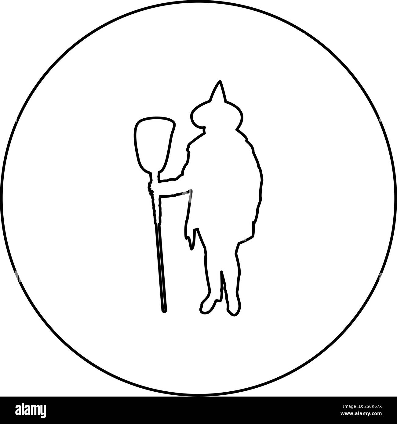 Sorcière de fée tenant le sujet de balai pour Halloween concept silhouette en cercle rond noir illustration vectorielle contour contour image simple. Sorcière fée sorcière debout avec sujet de balai pour silhouette de concept d'Halloween en cercle rond noir illustration vectorielle contour image de style Illustration de Vecteur