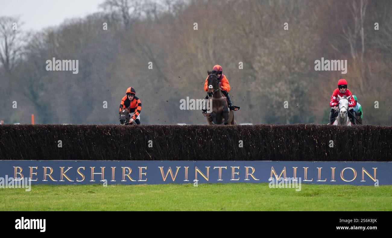 Windsor, Royaume-Uni, vendredi 17 janvier 2025 ; Gidleigh Park et le jockey Bryan Carver remportent le Grade 2 Fitzdares Lightning' Chase pour l'entraîneur Harry Fry et les propriétaires de la famille Eyre. Crédit JTW Equine images / Alamy Live News. Banque D'Images