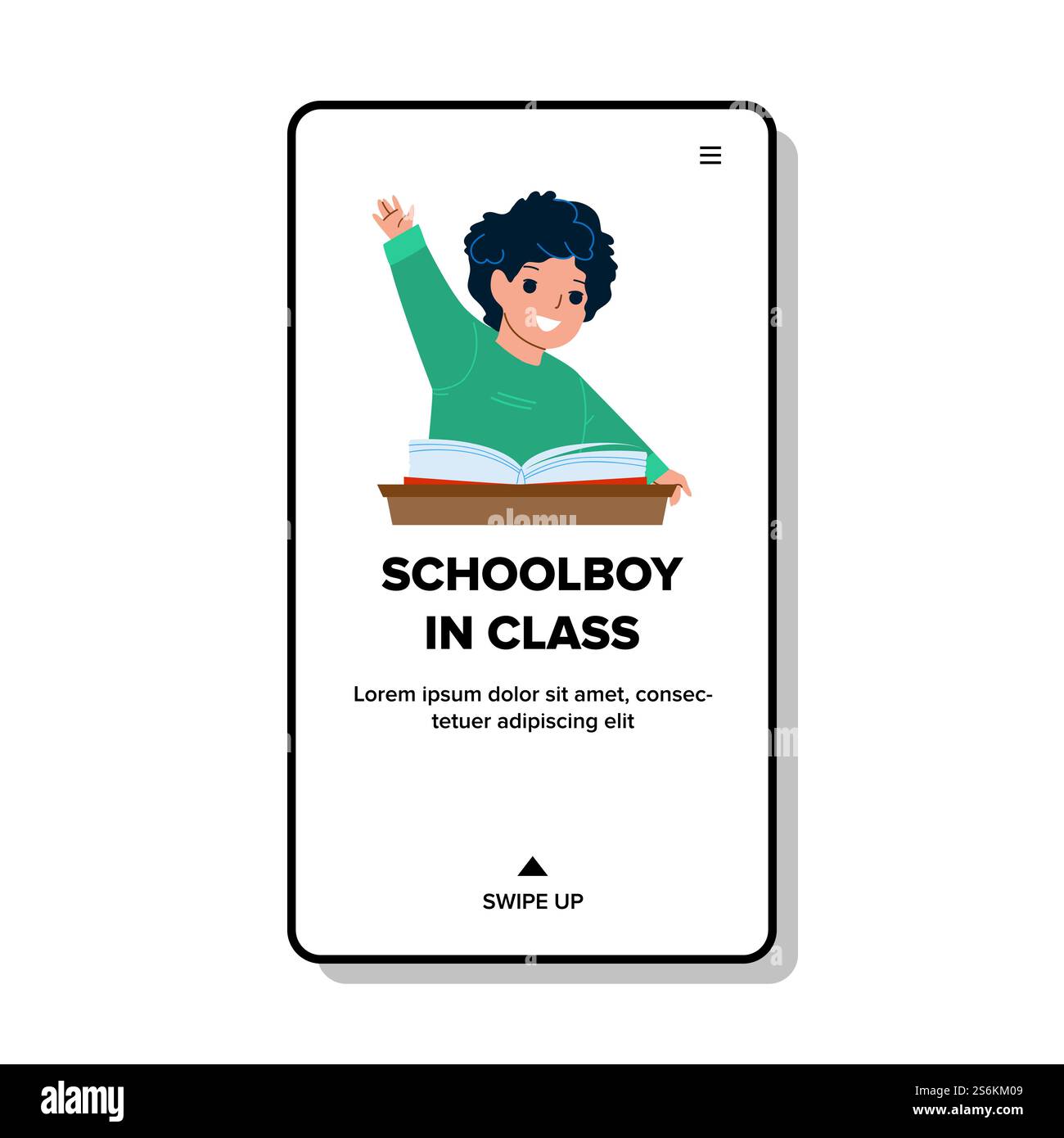 Écolier en classe levez la main pour le vecteur de réponse. Heureux écolier en classe étudiant et répondant à la question de l'enseignant. Personnage Boy Pupil solution Knowledge Web Flat illustration de dessin animé. Écolier en classe levez la main pour le vecteur de réponse Illustration de Vecteur