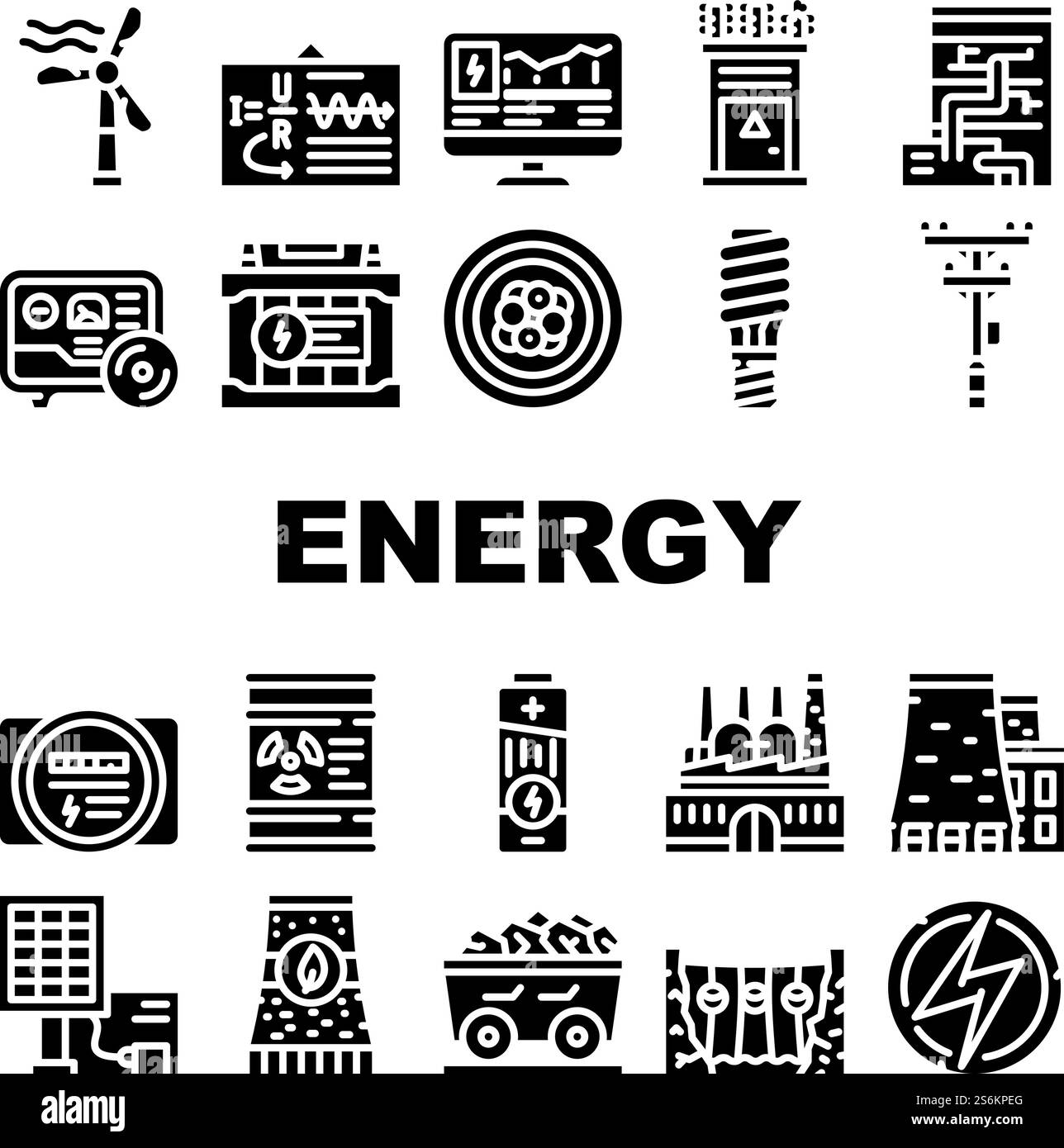Vecteur d'ensemble d'icônes de la collection Energy Manufacturing. Ampoule et équipement électrique sans danger pour l'énergie, usine de production d'énergie industrielle et infrastructure pictogrammes de glyphes illustrations noires. Vecteur d'ensemble d'icônes de la collection Energy Manufacturing Illustration de Vecteur