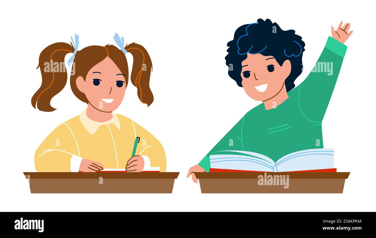Élèves garçon et fille étudiant à l'école Desk Vector. Écolier lever la main pour répondre à la question et écolière écrire dans le cahier avec stylo, élèves étude. Personnages Flat Cartoon illustration. Élèves garçon et fille étudiant à l'école Desk Vector Illustration de Vecteur